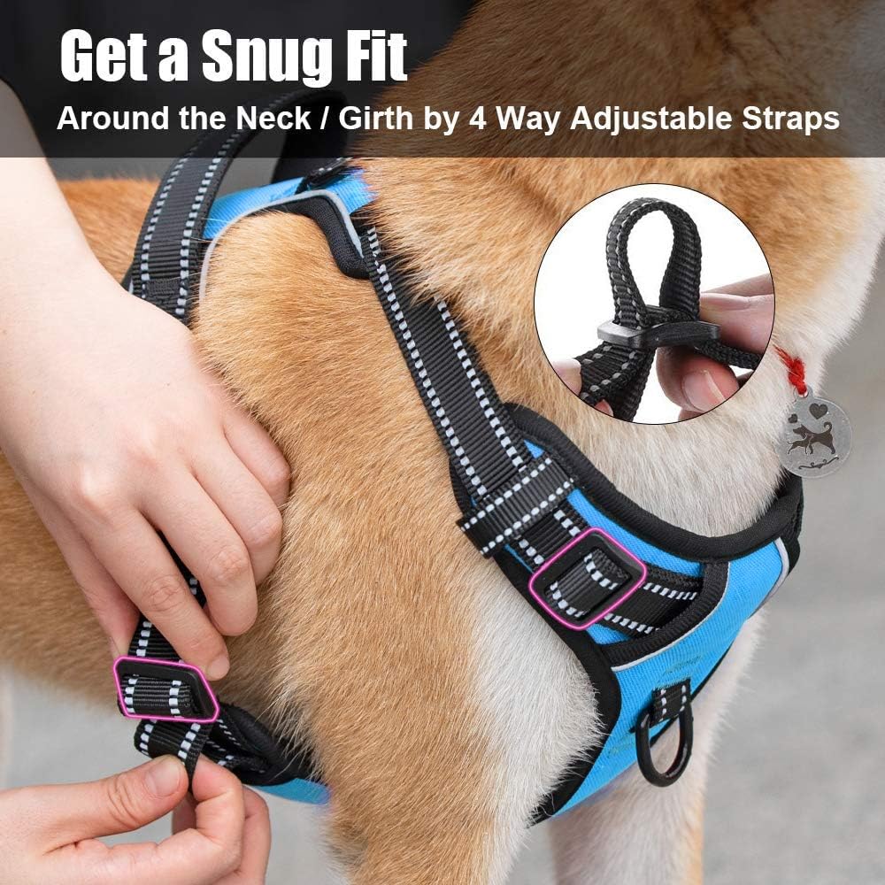 PoyPet No Pull Dog Harness, Reflective Comfortable Vest Harness with Front & Back 2 Leash Attachments and Easy Control Handle Adjustable Soft Padded Pet Vest for Small to Large Dogs (Blue,M)