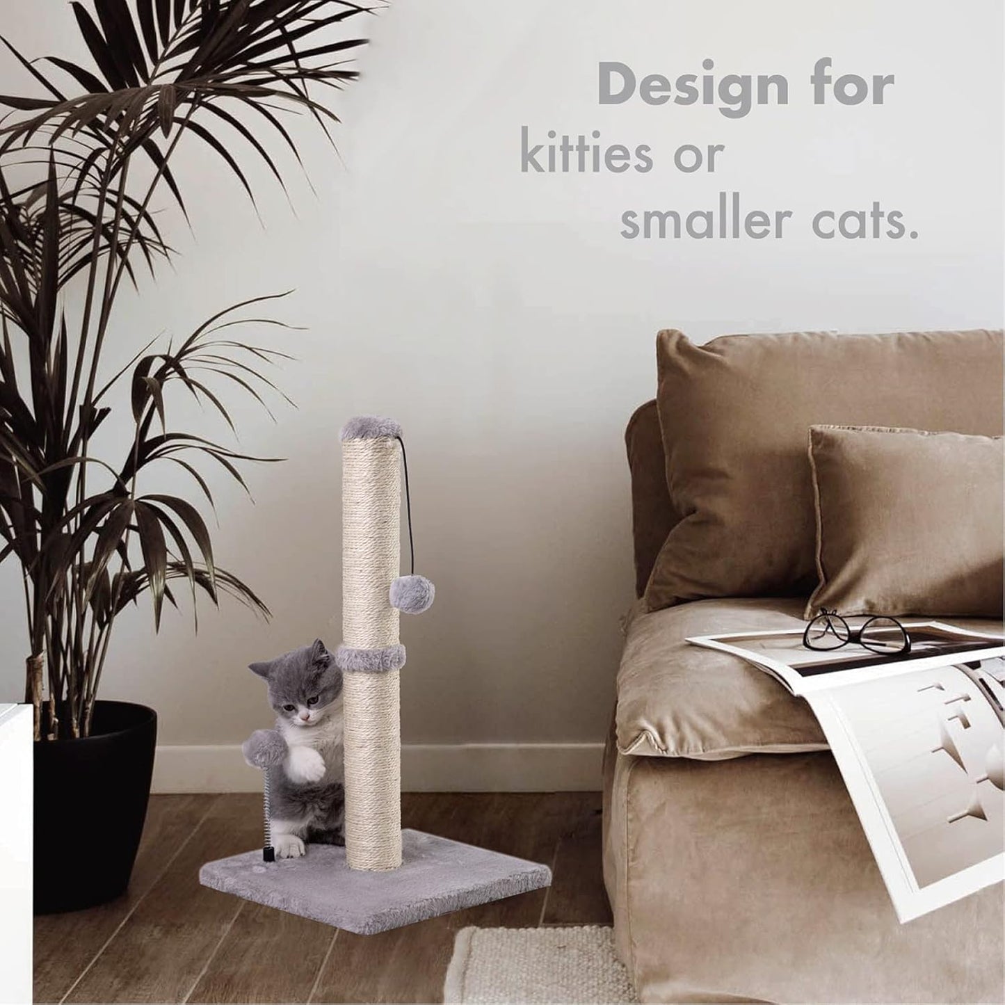 MECOOL Cat Scratching Post Premium Basics Kitten Scratcher Sisal Scratch Posts with Hanging Ball 22" for Kittens or Smaller Cats (22 inches for Kitten, Gray)