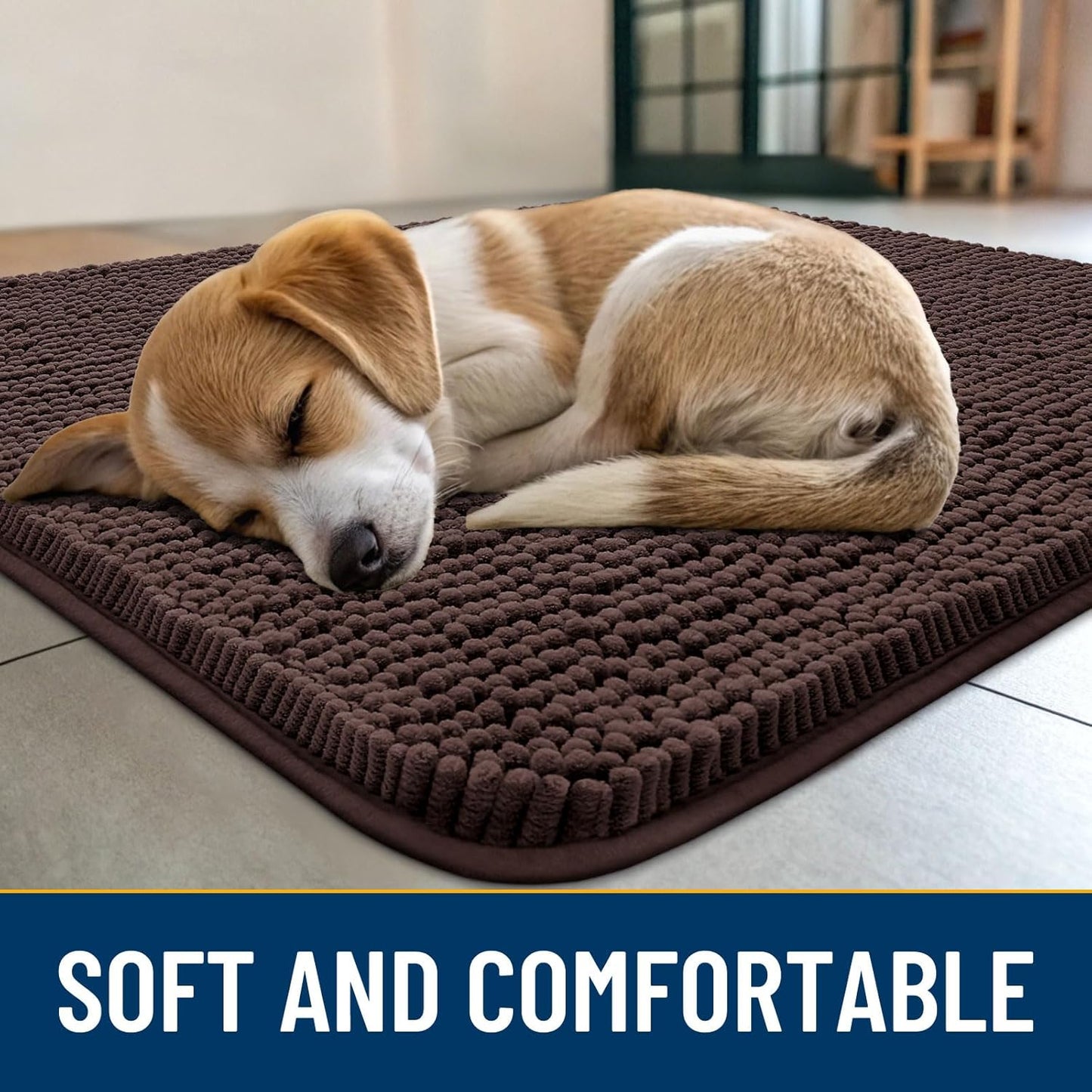 Smiry Dog Door Mat for Muddy Paws 47x24, Absorbs Moisture and Dirt Doormat, Non-Slip Washable Quick Dry Chenille Front Door Mat Indoor Entrance, Entryway Carpet for Inside Floor, Brown