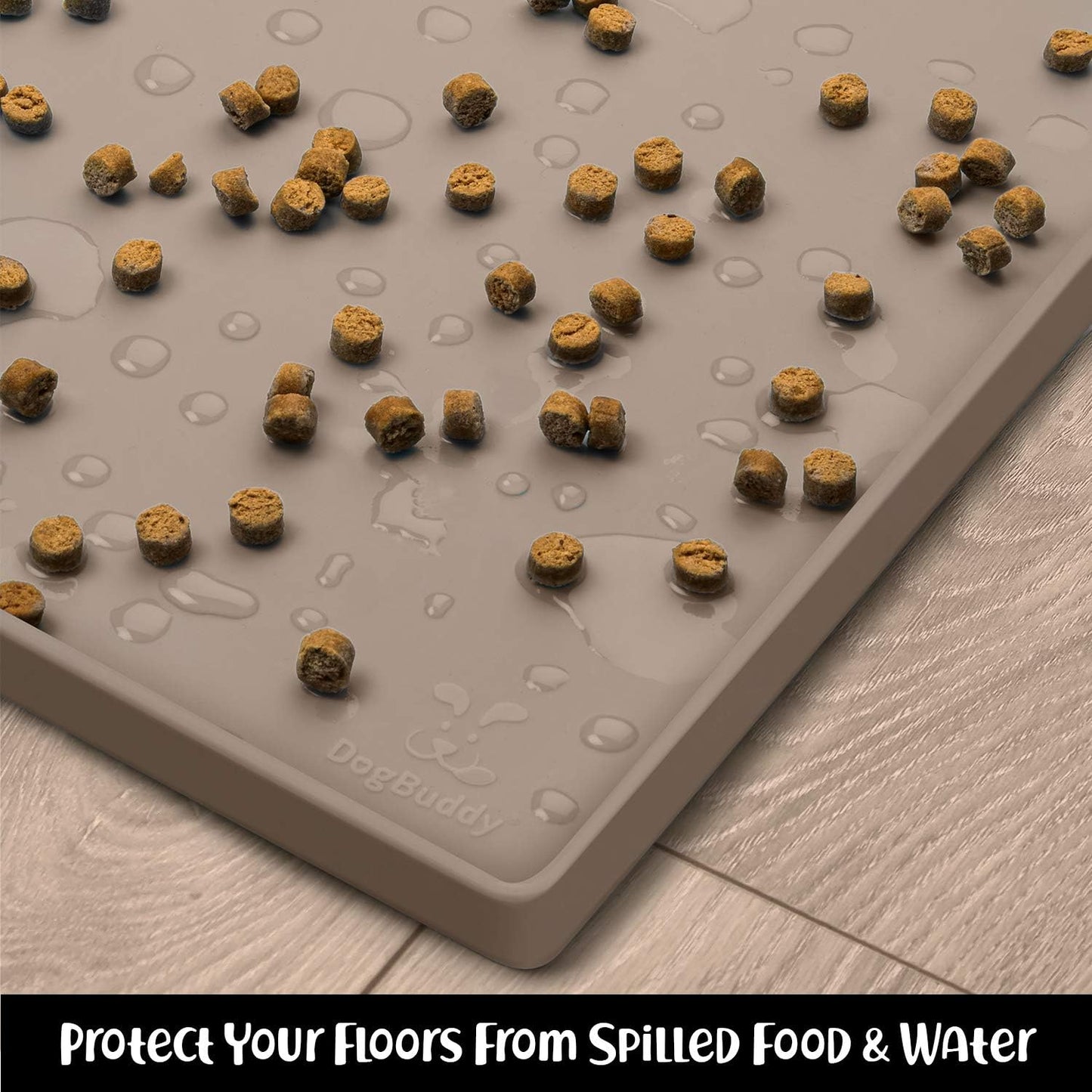DogBuddy Dog Food Mat – Waterproof Dog Bowl Mat for Food and Water, Silicone Pet Feeding Mats for Floors, Non-Slip Placemat with High Edges for Dogs Bowls, Puppy Essentials (XS: 11" x 11", Taupe)