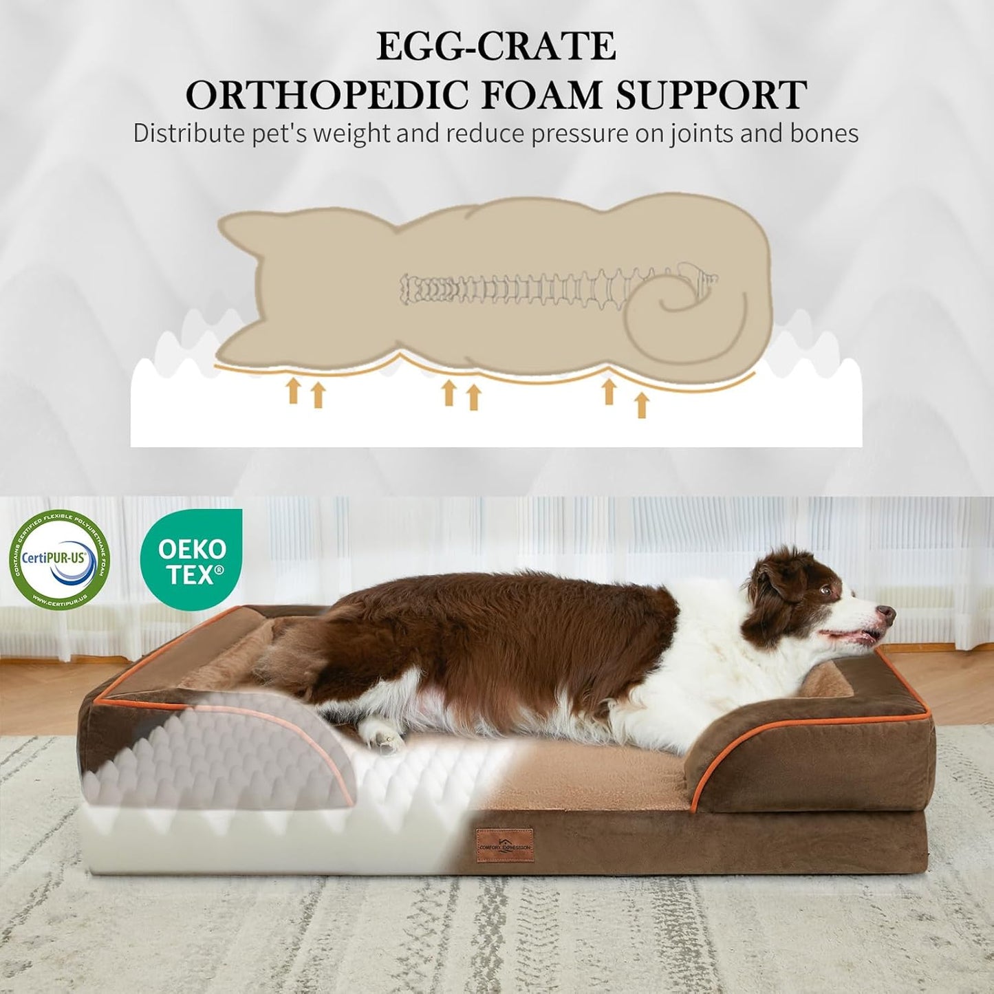 Comfort Expression Large Dog Beds Waterproof Orthopedic Foam Dog Sofa Beds Comfy Pet Bed with Washable Removable Cover & Non-Slip Bottom(Large,Brown)