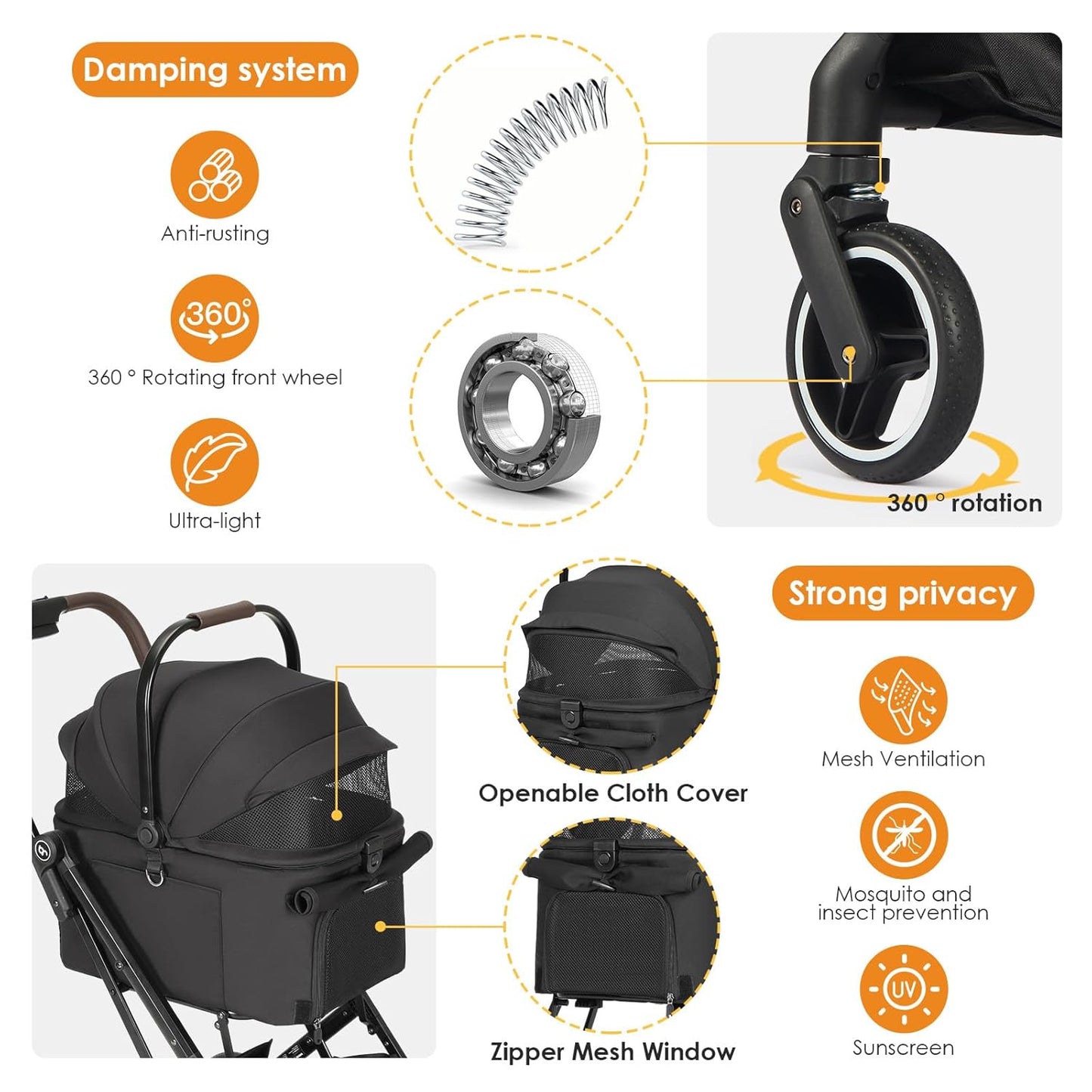 X2 Pet Stroller, Dog Cat Stroller for Small Pets Under 44lbs, Equipped with Detachable & Foldable Carrier, Waterproof Pad & Sunshade Canopy,Camel (Black)