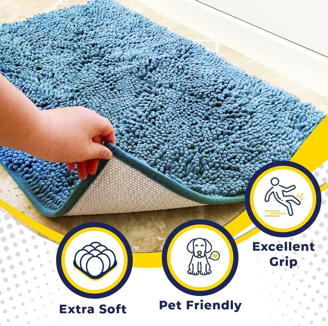 Muddy Mat® AS-SEEN-ON-TV Highly Absorbent Microfiber Door Mat and Pet Rug, Non Slip Thick Washable Area and Bath Mat Soft Chenille for Kitchen Bathroom Bedroom Indoor and Outdoor - Sky Blue 24" x 96"