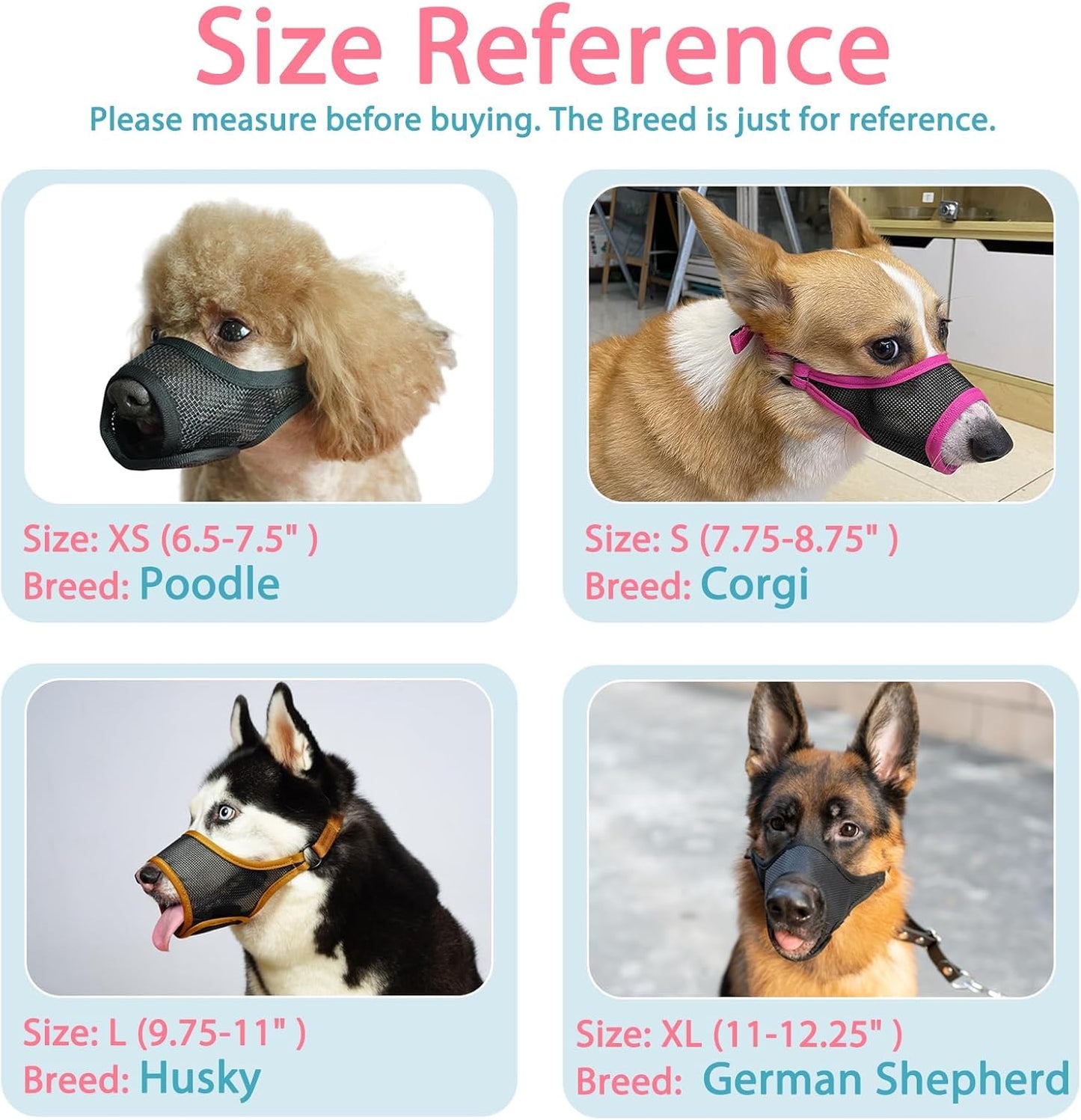 LUCKYPAW Dog Muzzle, Mesh Muzzle for Large Medium Small Dogs, Soft Mouth Guard for Biting Chewing, Breathable Mouth Cover with Adjustable Hook and Loop for Training, Grooming(Black, XS)
