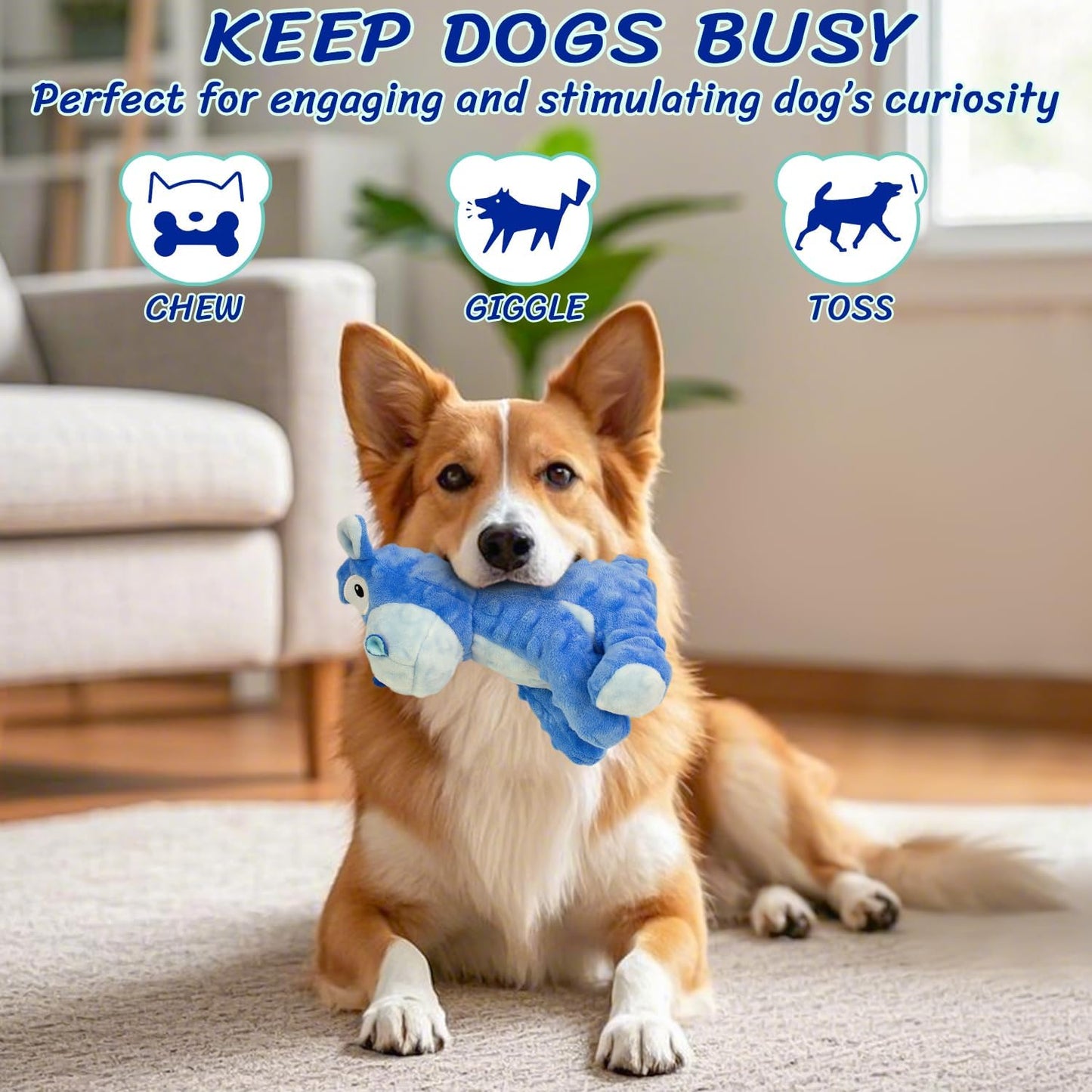 Squeaky Stuffed Dog Toys, Chew Toy for Large Medium Small Breeds, Plush Dog Toys to Keep Them Busy, Puppy Teething Dog Toy, Crinkle Dog Toy (Blue Hippo)