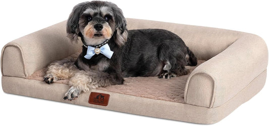 Hollypet Orthopedic Dog Bed for Medium Dogs, Supportive Foam Pet Couch with Removable Washable Cover and Non-Slip Bottom, Waterproof Lining Dog Sofa Bed, Khaki, M (28 * 22.5 * 7.5)