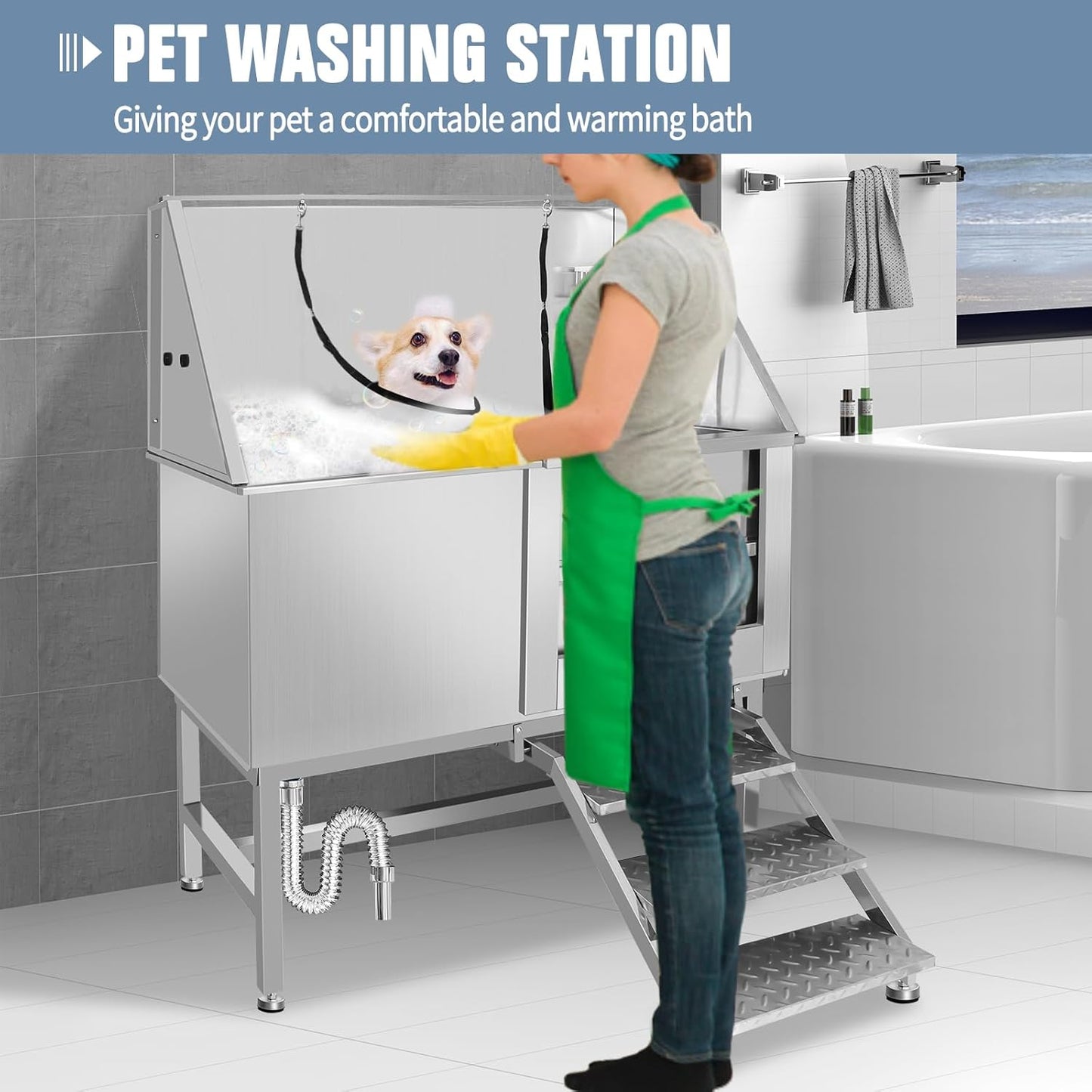 50" Pet Dog Bathing Station W/Ramp, Professional Stainless Steel Dog Grooming Tub W/Storage Drawer, Floor Grate, Faucet, Dog Bathtub for Large,Medium, Small Pets, Washing Sink for Home