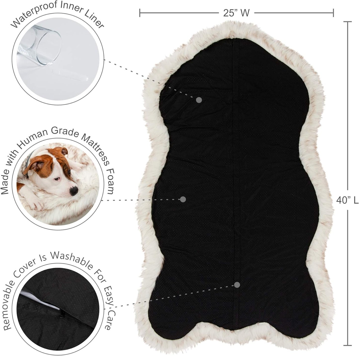 IHAPPYDOG Luxury Faux Fur Orthopedic Dog Bed, Memory Foam Dog Bed for Small, Medium, Large and XL Pets, Fluffy Pet Rug with Waterproof and Washable Cover (White w/Brown Tips, 40"x25")