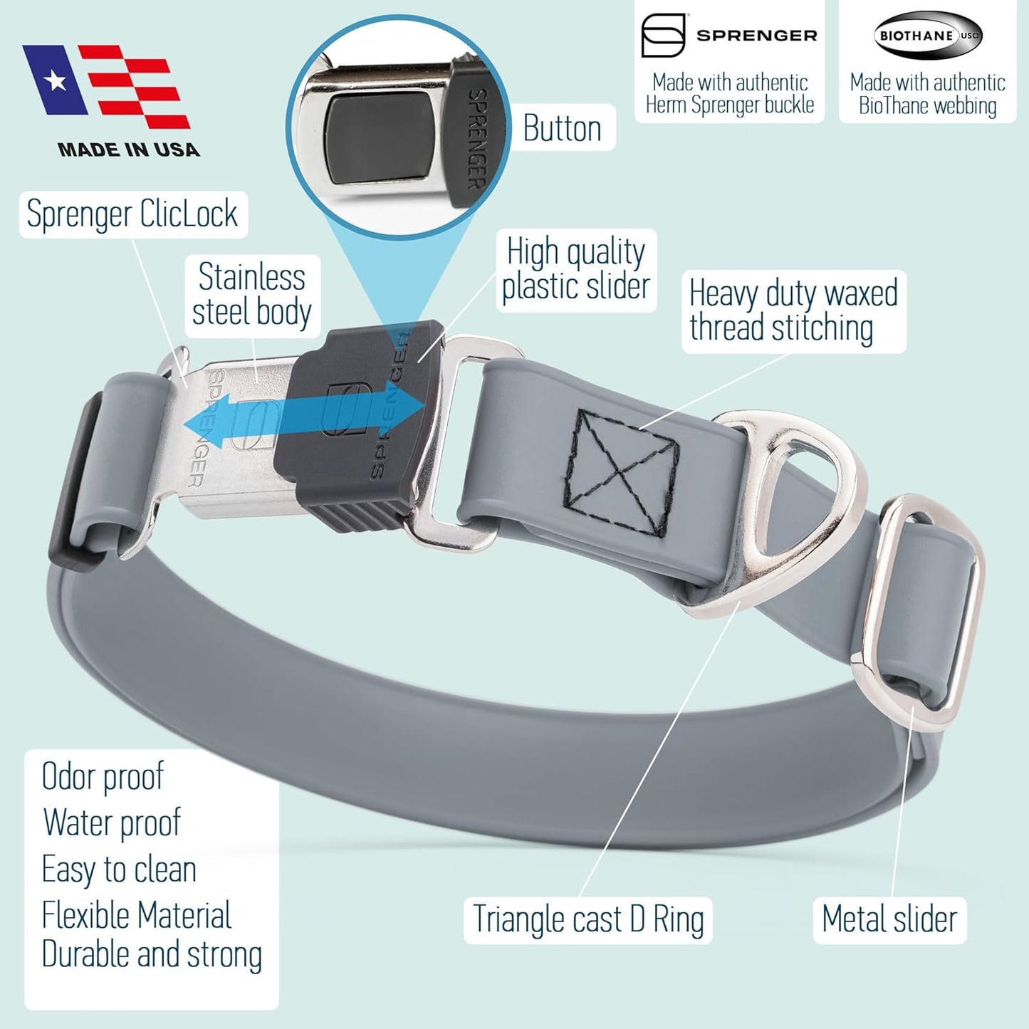 Dogline Biothane Waterproof Dog Collar with Herm Sprenger Black Stainless Steel Quick Release Buckle – Heavy Duty Tactical Durable Collar for Dogs – Comfortable and Safe Pet Collar W 1" L 15-25" Gray
