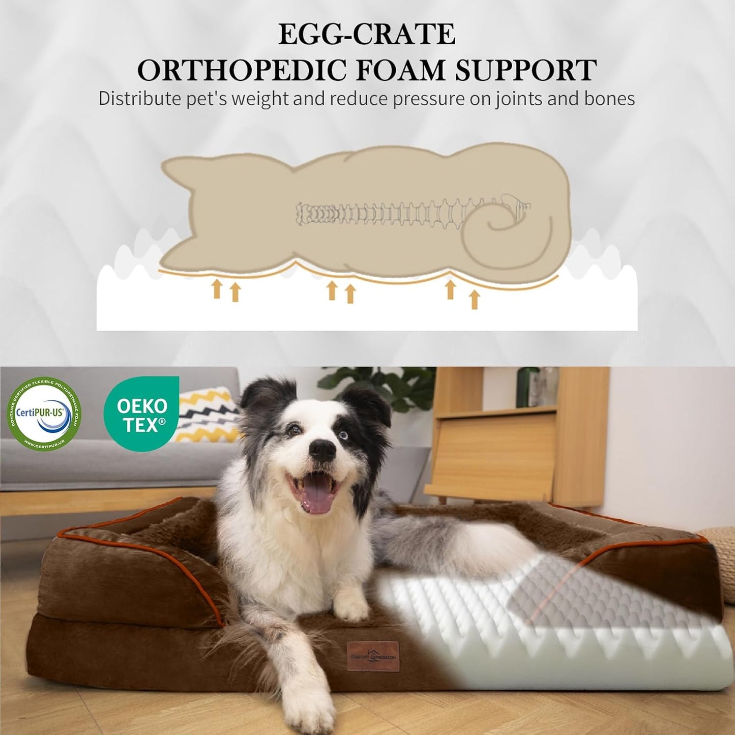 Comfort Expression XL Orthopedic Dog Beds for Extra Large Dogs, Waterproof Dog Bed with Bolster, Washable Dogs Bed Sofa Pet Beds with Removable Cover & Non-Slip Bottom(X-Large,Chocolate Brown)