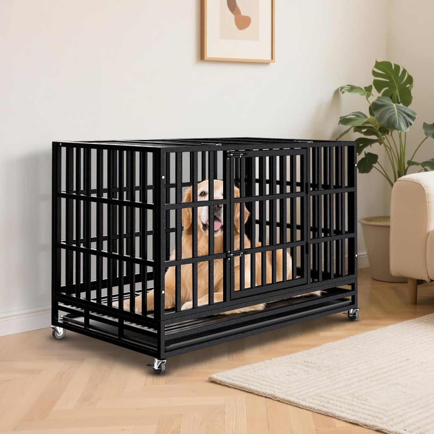 38 Inch Heavy Duty Dog Crate for Large Dogs,Upgraded Escape-Proof Kennel with Chew-Resistant Metal & Reinforced Base, Double Door Cage with Wheels & Removable Tray, Holds Up to 200lbs