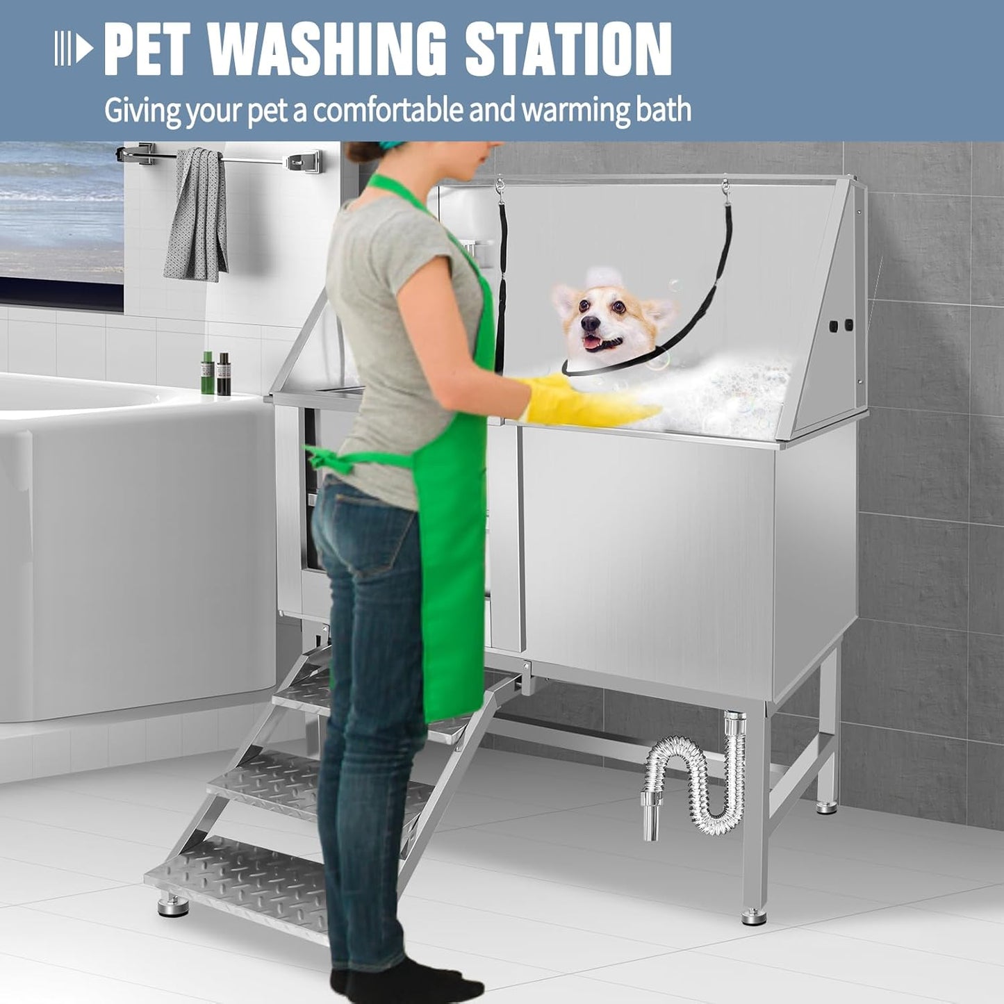 50" Pet Dog Bathing Station W/Ramp, Professional Stainless Steel Dog Grooming Tub W/Storage Drawer, Floor Grate, Faucet, Dog Bathtub For Large,Medium, Small Pets, Washing Sink For Home (50"Left ramp)