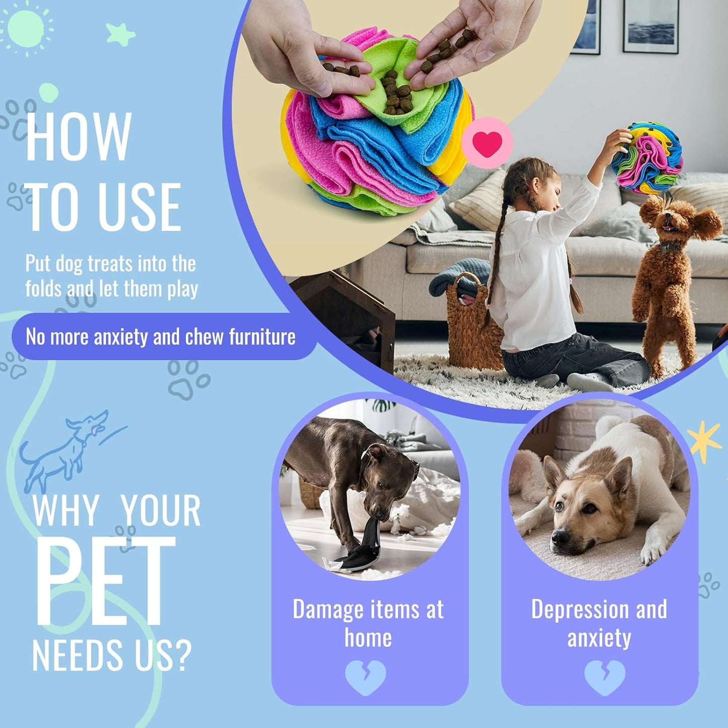 Pet Snuffle Ball, Puzzle Sniffing Interactive Dog Ball for Blind Dogs Training Stress Relief Dog Enrichment Toys Treat Machine Washable (20cm, New Rainbow Color)