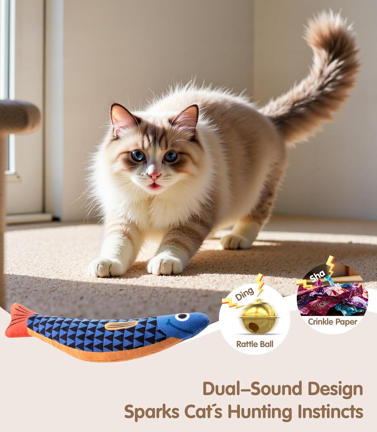 Interactive Cat Toys with[5000mg Premium A+Catnip &Silvervine][Baby Grade] Soft Chew Kicker Cat Toys for Indoor Cats & Kittens, Crinkle &Rattle Fish Sound Toy, Drives Bored Cats Crazy with Fun,3 Pack