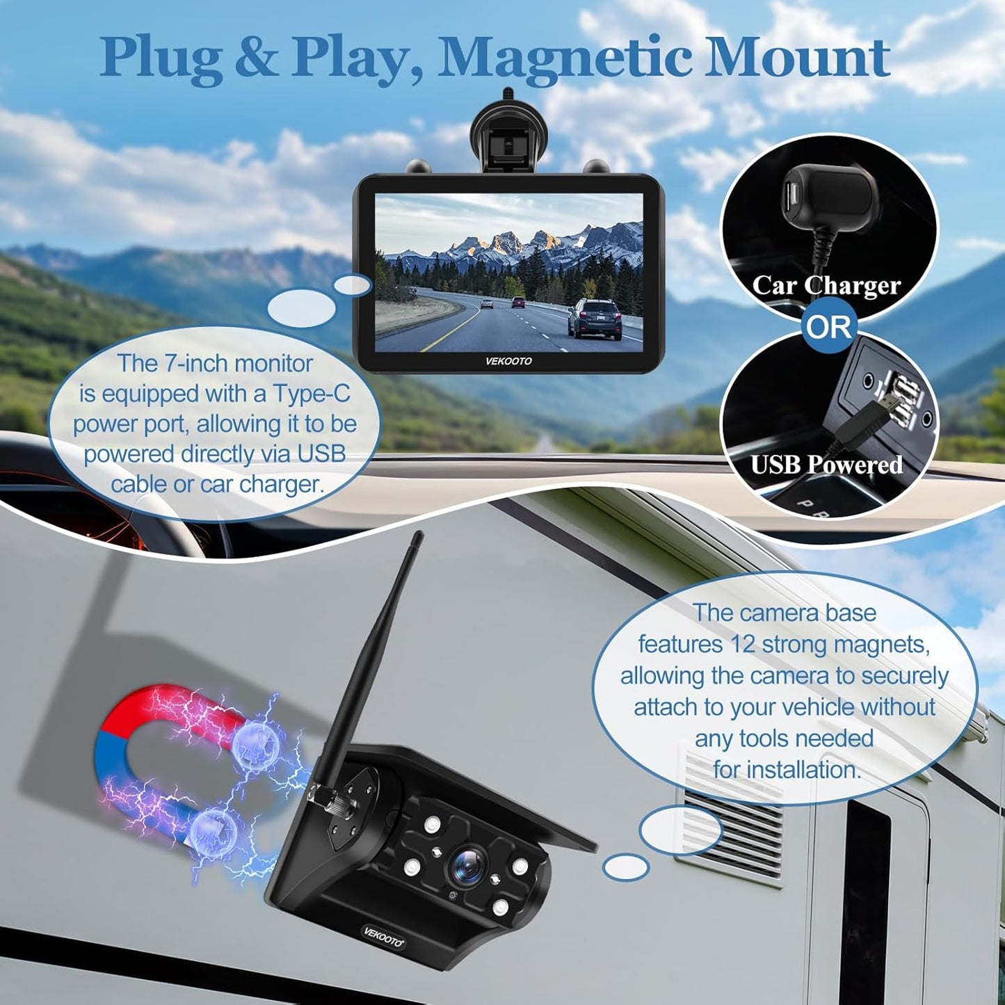 VEKOOTO Magnetic Solar Wireless Backup Camera VK7, 7'' IPS Touchscreen Monitor HD1080P No Wiring 15,000mAh Rechargeable Camera System for Hitching Gooseneck Horse Trailer RV Camper Car Truck