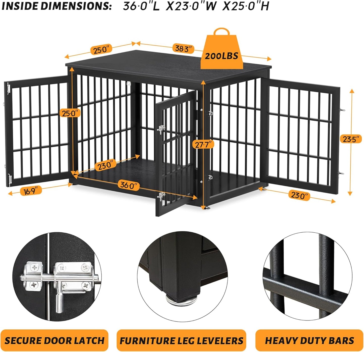 38 Inch Heavy Duty Dog Crate Furniture for Large and Medium Dogs, Decorative Pet House End Table, Wooden Cage Kennel Furniture Indoor, Black