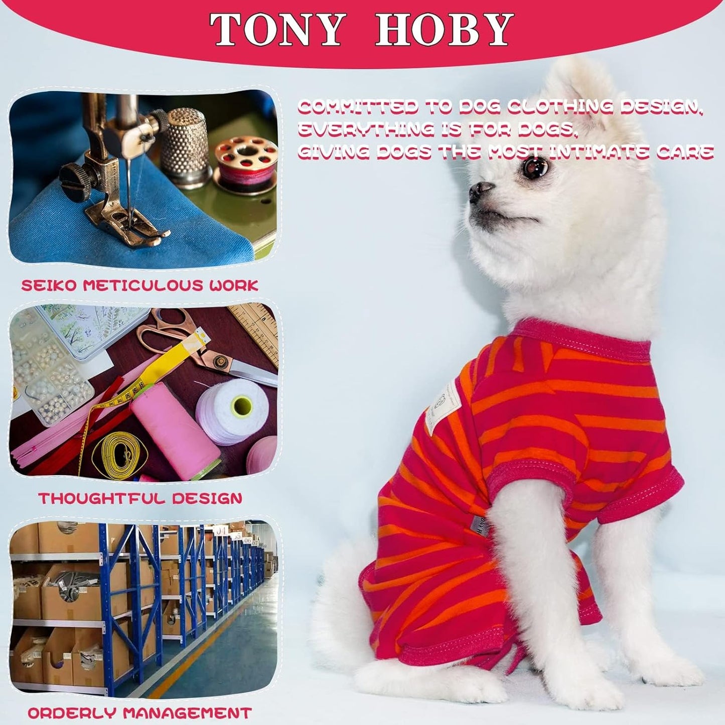TONY HOBY Dog Pajamas, Female/Male Dog 4 Legged Pajamas, Soft Cotton Dogs Jumpsuit with Stripes (Rose Red&Orange, Girl, XL)