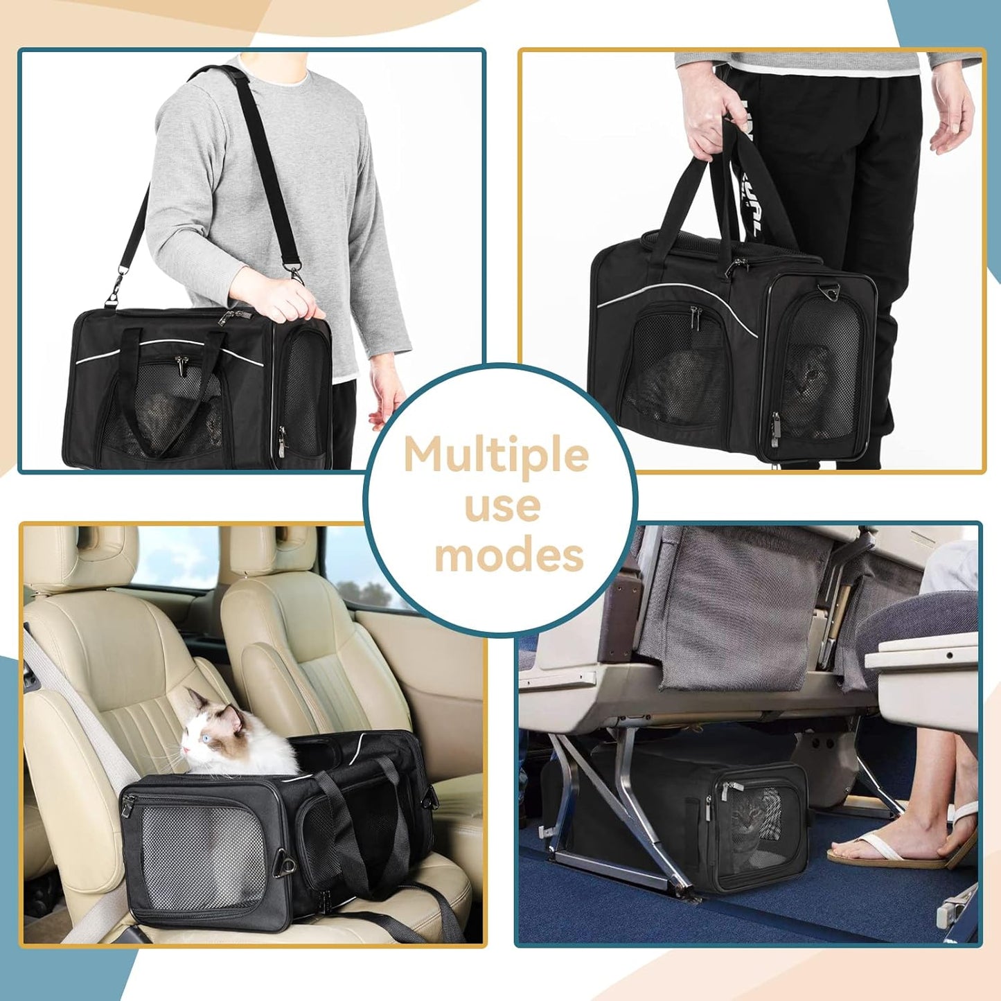 Petsfit Two-Way Placement Pet Carrier Airline Approved, Cat Carriers for Kittens, Puppies,Rabbit,Hamsters, Washable,Black