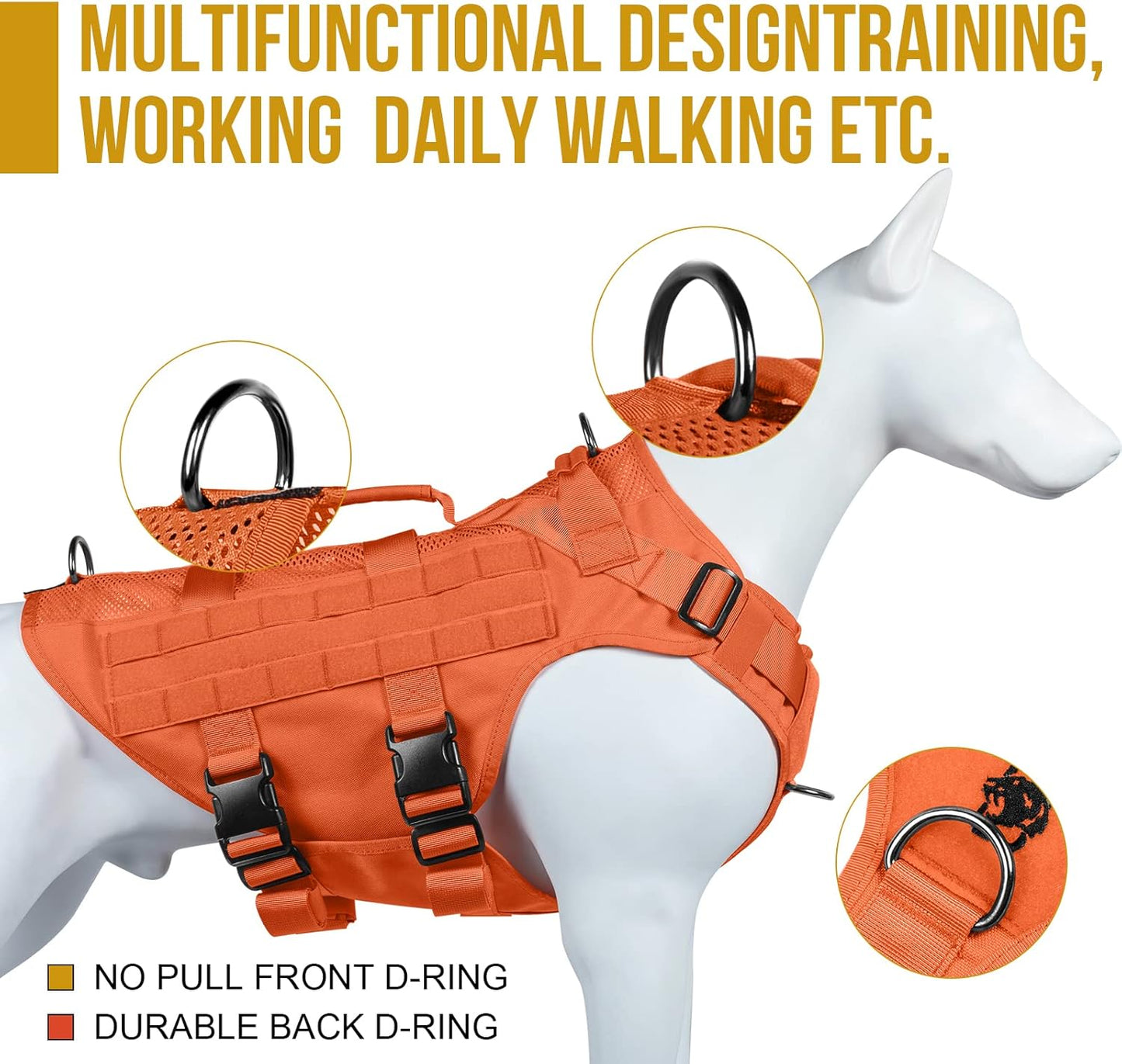 OneTigris No Pull Tactical Dog Harness for Large Dog, Mesh Design Breathable Service Dog Vest with Handle, Military Dog Vest Harness with Molle Panels for Walking Hiking Training (Orange, Large)