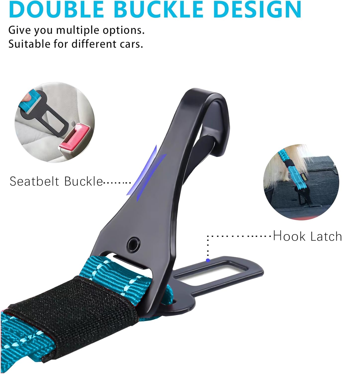 AUBELL Dog Seat Belt for Car,Updated 3-in-1 Adjustable Reflective Bungee Heavy Duty Dog Car Harness Tether with Clip Hook Latch & Buckle,Swivel Zinc Alloy Carabiner,Blue