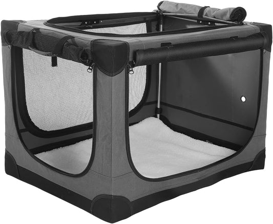 24-Inch Collapsible Travel Dog Crate, Portable 4-Door Soft Kennel for Medium to Large Dogs, Durable Mesh Windows, Indoor/Outdoor Use, Foldable, with Storage Bag (Grey)