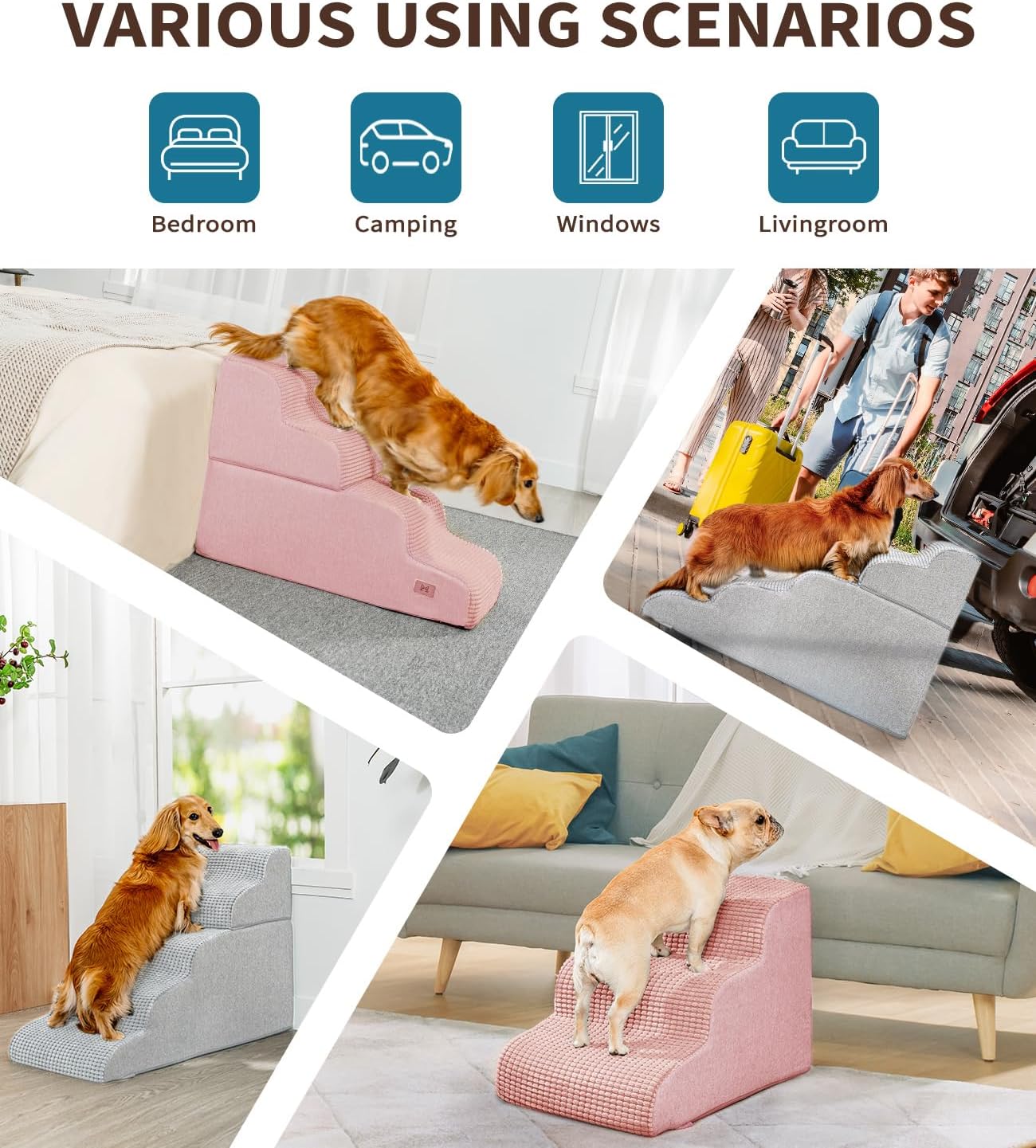Dog Step for Bed, Dog Stair 5-Step 35D Pet Stair 22.8" H for High Bed or Sofa Non-Slip Balanced Pet Step Indoor, Pink