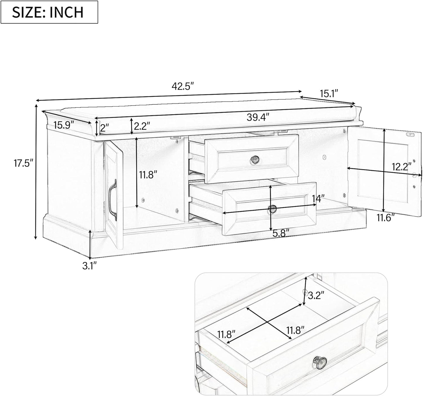 Storage Bench with 2 Drawers and 2 Cabinets, Pine Wood Pine Wood Shoe Bench with Removable Cushion for Living Room, Entryway 42.5" L x 15.9" W x 17.5" H (Espresso)