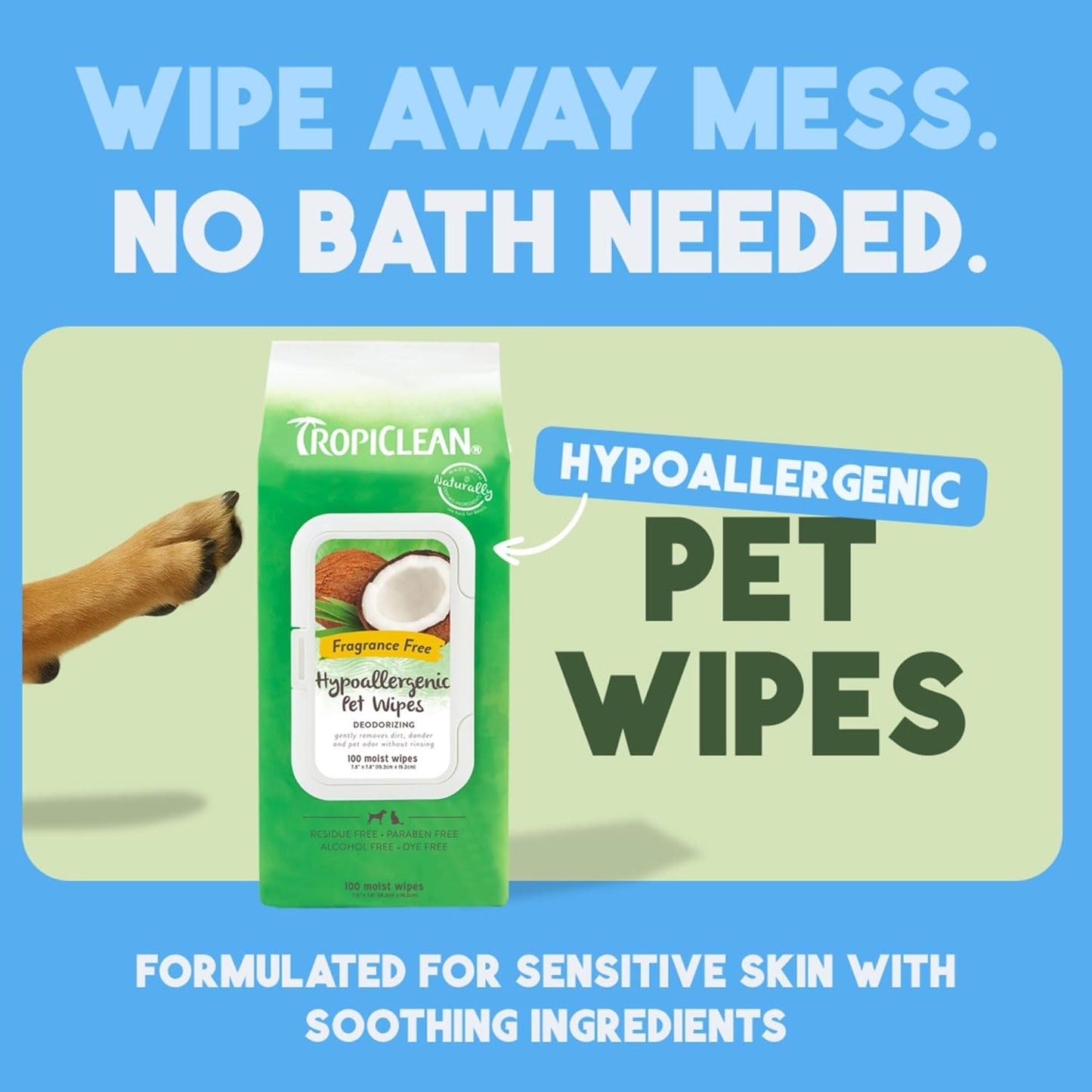 TropiClean Hypoallergenic Cleaning Pet Wipes, 100ct - Wipes for Dogs, Cats, Puppies & Kittens with Sensitive Skin - Gently Removes Dirt & Dander - Fragrance Free