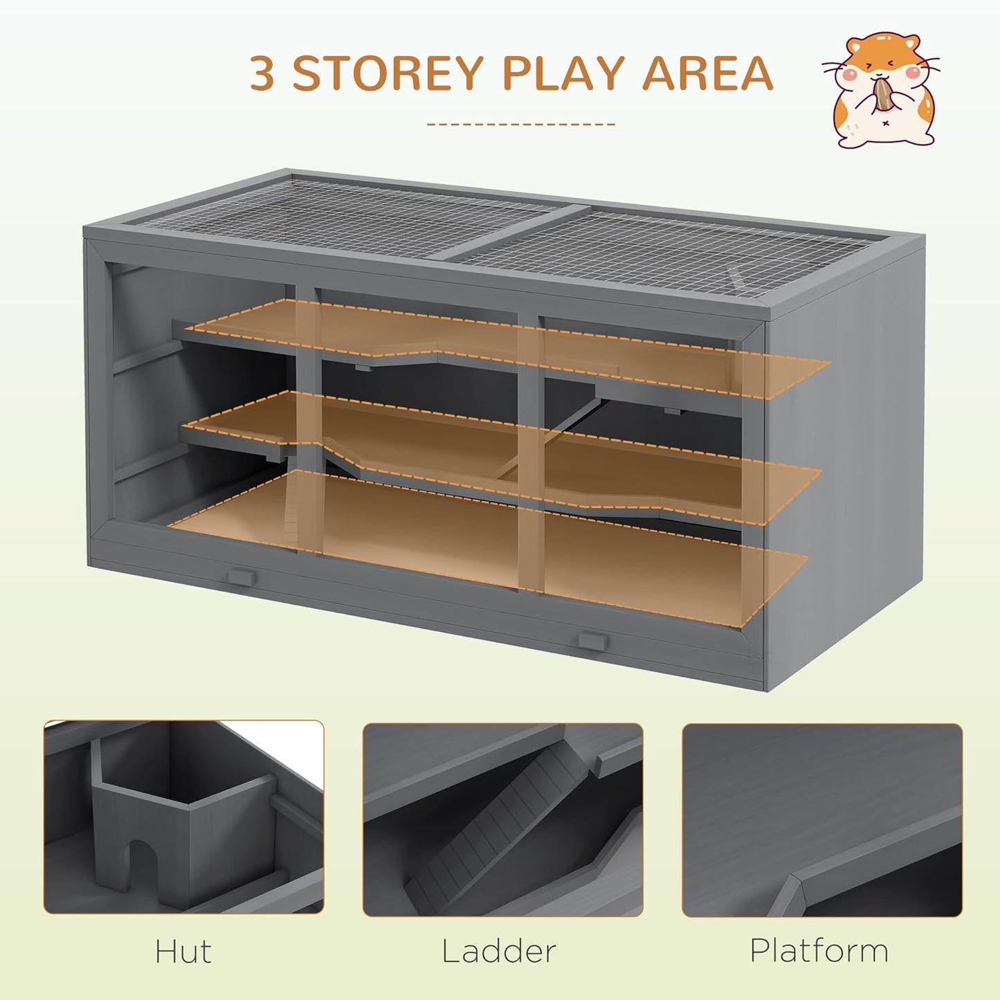 PawHut 45" Extra Large Wooden Hamster Cage, 3-Layer Chewproof Rat Cage with Opening Roof, Hut, Ramps, for Gerbil, Dwarf & Syrian Hamsters, Gray