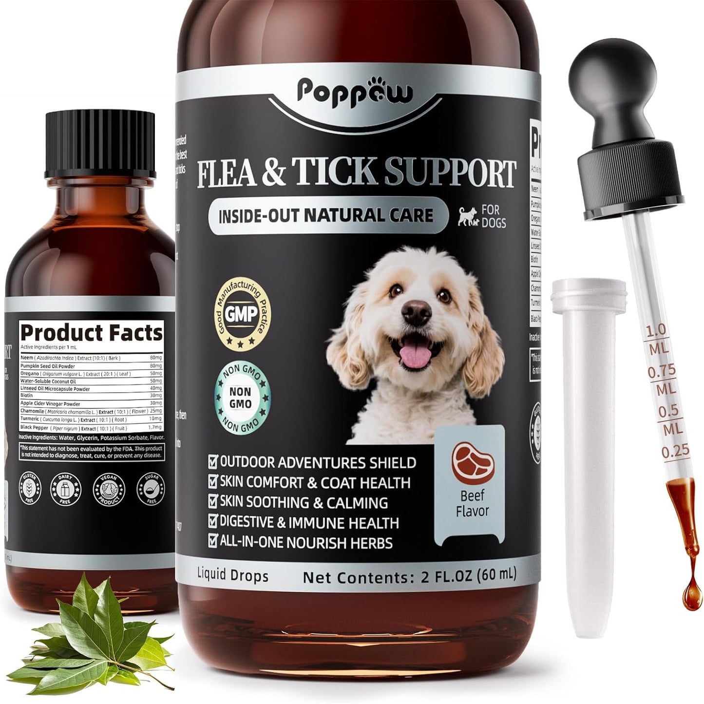 Flea & Tick Drops for Dogs – Natural Prevention with Neem, Oregano & Pumpkin Seed Oil – Liquid Supplement, Beef Flavor, 2 FL Oz, Long-Lasting Protection for All Breeds & Sizes