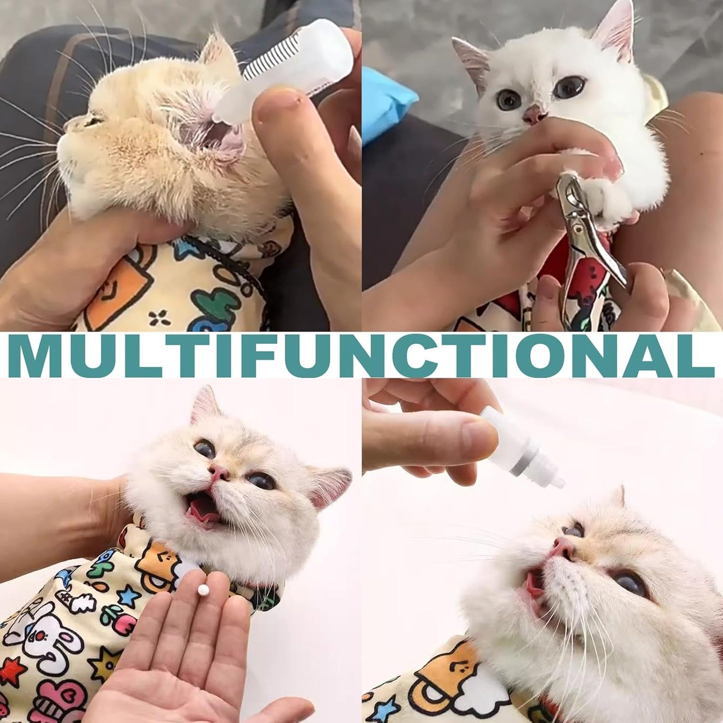 Cat Grooming Wrap, 2pcs [L+XL] Cat Restraint Wrap for Nail Clipping, Ear Cleaning, and Teeth Brushing, Self-Adherent, Anti-Bite, Anti-Scratch, Anti Scratch, Cow White