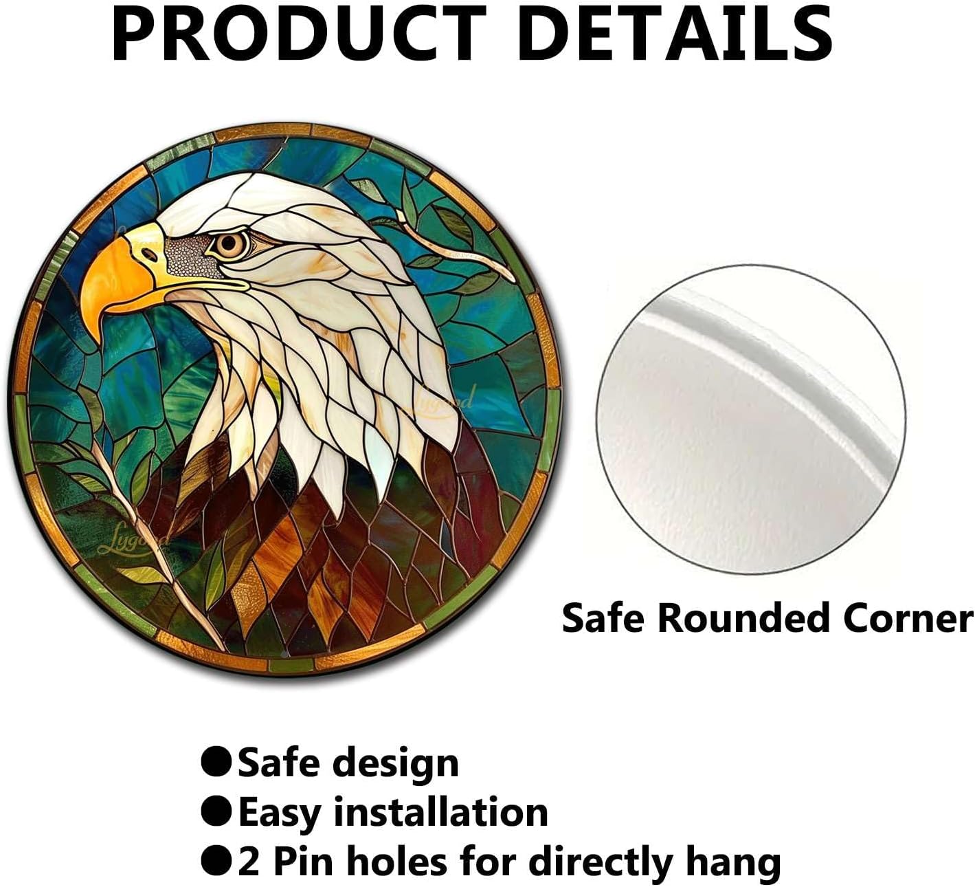 Lygond Metal Sign Tin Sign Circular Stained Glass Bald Eagle Kitty Decor for Club 12×12 Inches