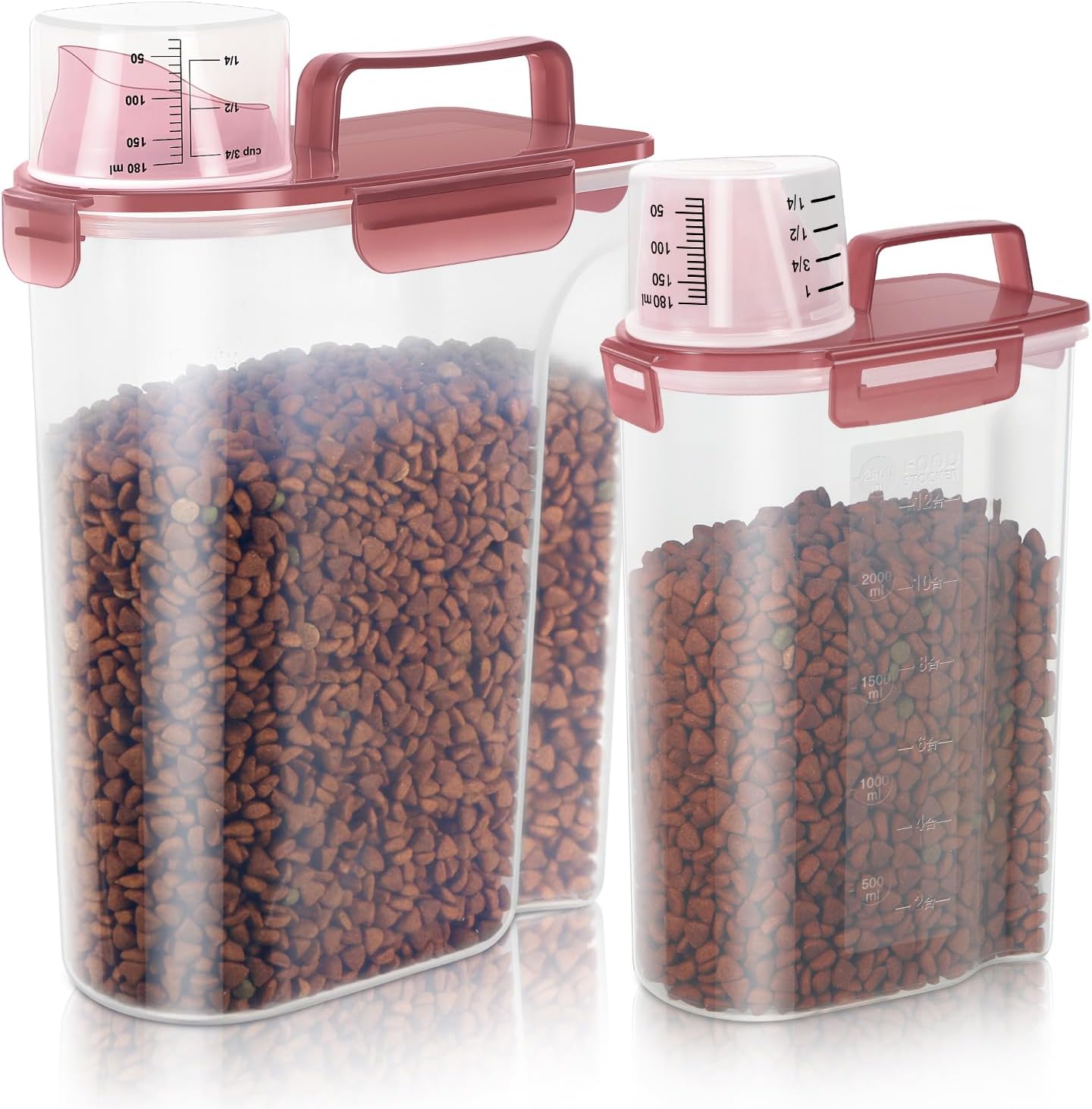 Dog Food Storage Container, Upgraded Large Nozzle BPA-free, 8-12 LBS Plastic Pet Food Storage Containers, With 4 Sealed Clasps, 1 Measuring Cup and Handle (2, Clear Pink, (3L+5L))