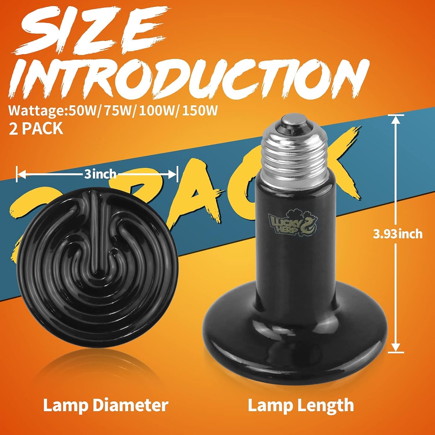 LUCKY HERP 50W Ceramic Heat Emitter, Reptile Heat Bulbs, Ceramic Heat Lamp for Reptiles, Amphibian, Chicken, Dog, Cat (2-Pack)