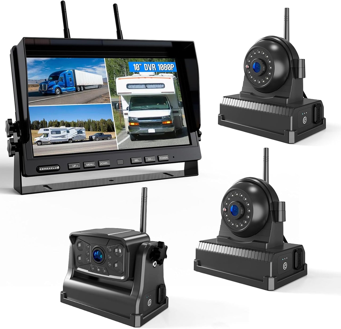 3 Magnetic Wireless Backup Camera with HD 1080P 10" DVR Monitor, 1-Rear View 2-Side View Cameras Wireless System for RV Trailer Trucks, Built-in 9600mAh Battery,Night Vision,Recording- ZEROXCLUB BC103