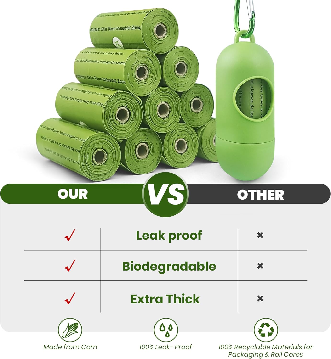 Poop Bags for Dogs-1050 Counts, 70 Rolls With a Free Dispensers, Doggie Poop Bags Made of Cornstarch, Extra Thick and 100% Leak Proof (Green)