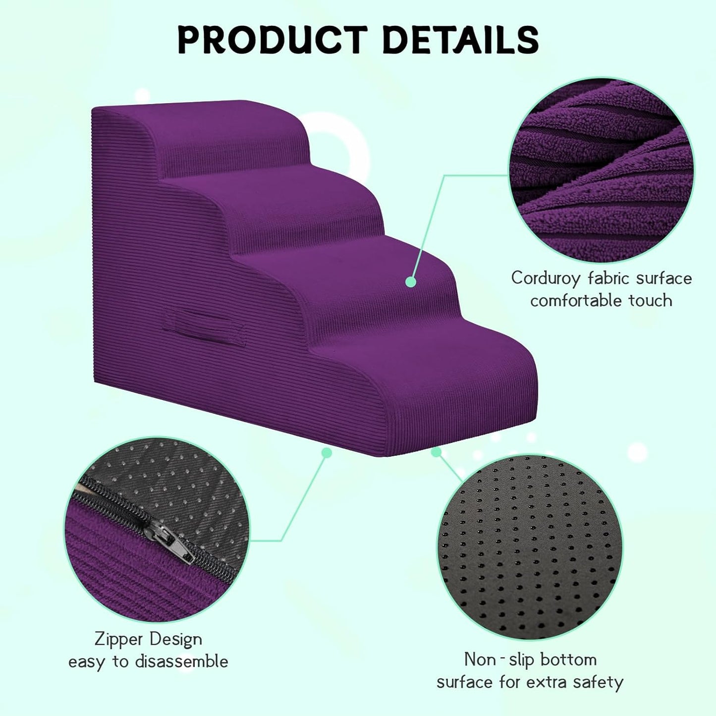 Dog Steps for Small Dogs, 3-Step Dog Ramp and Stairs for High Beds and Sofa, Non-Slip Pet Stairs Removable and Easy to Clean Cover, Purple