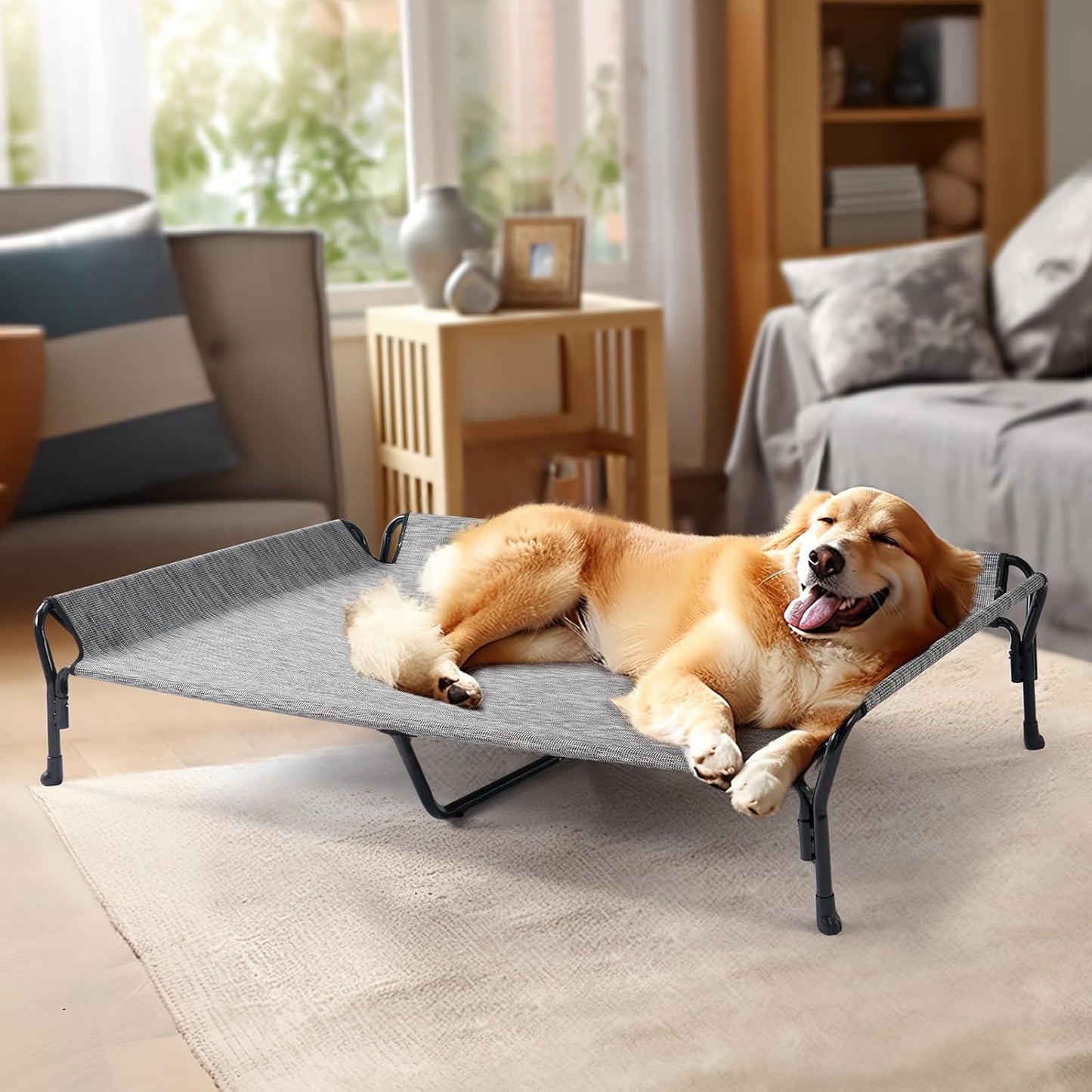 Veehoo Cooling Elevated Dog Bed, Guardrail Raised Pet Cot, Indoor & Outdoor XXL Pet Bed with Washable & Breathable Teslin Mesh, Non-Slip Feet, Dog Couch Bed, 62.5" x 37", Black Silver