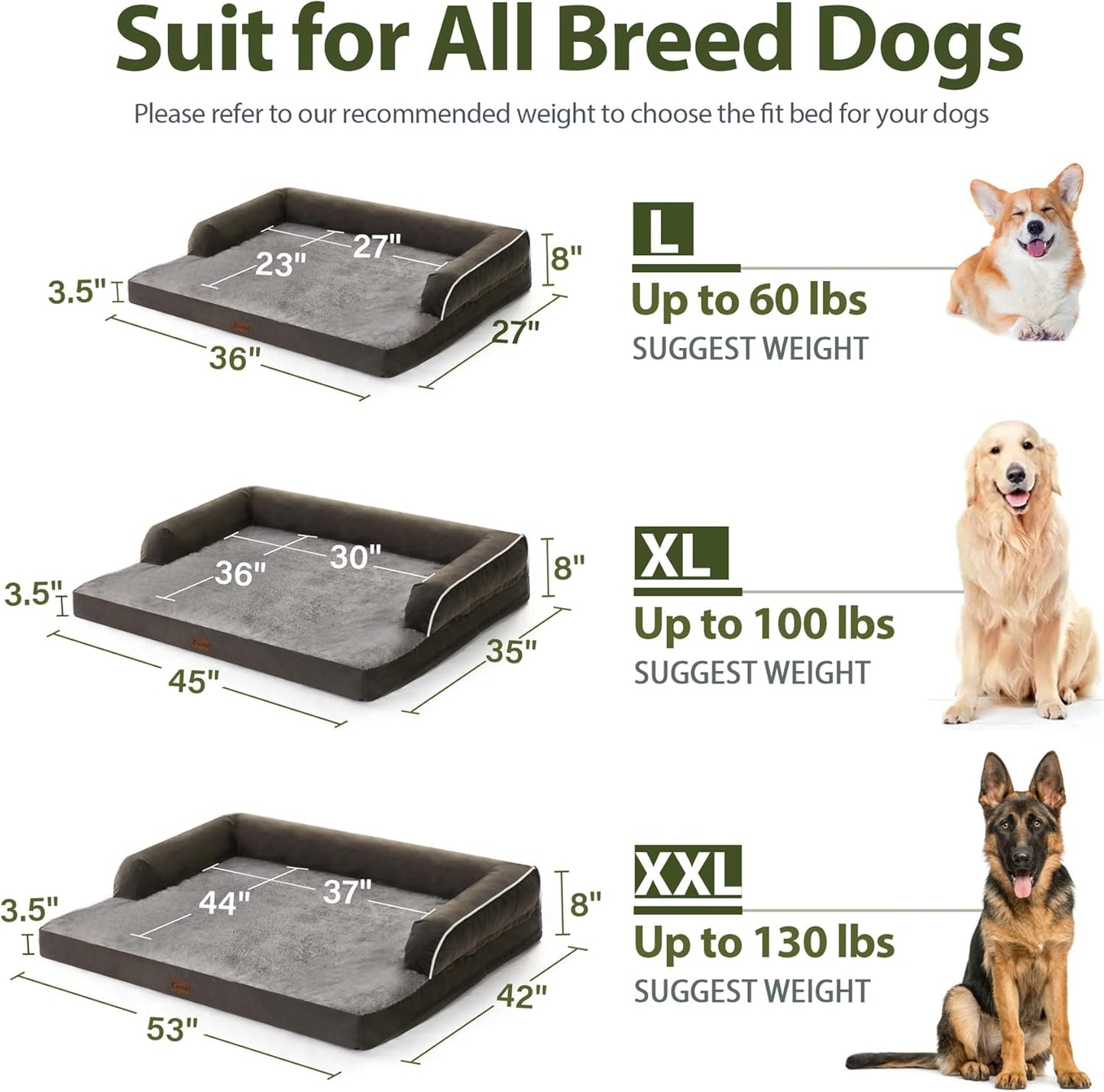 Waterproof Orthopedic Dog Beds Large, Egg-Crate Foam Dog Couch, Comfy Bolster Pet Bed with Removable Washable Cover, Nonskid Bottom (Large, Dark Green)