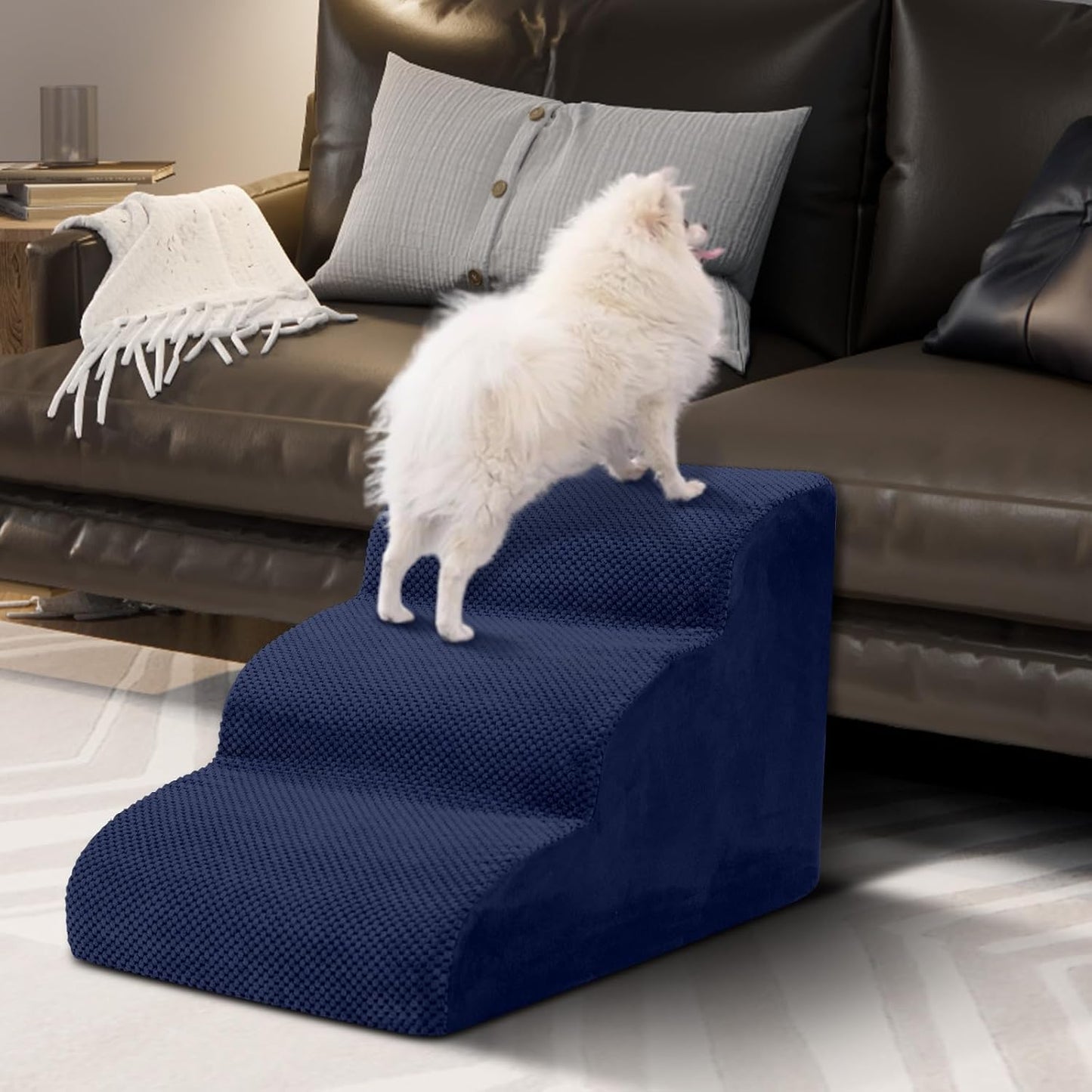 Dog Stairs for Small Dogs - High Density Foam Pet Steps, Extra Wide Dog Ramp with Non-Slip Bottom for High Beds, Couch and Sofa, Best for Dogs Injured, Older Doggy Cats, 3 Steps, Navy