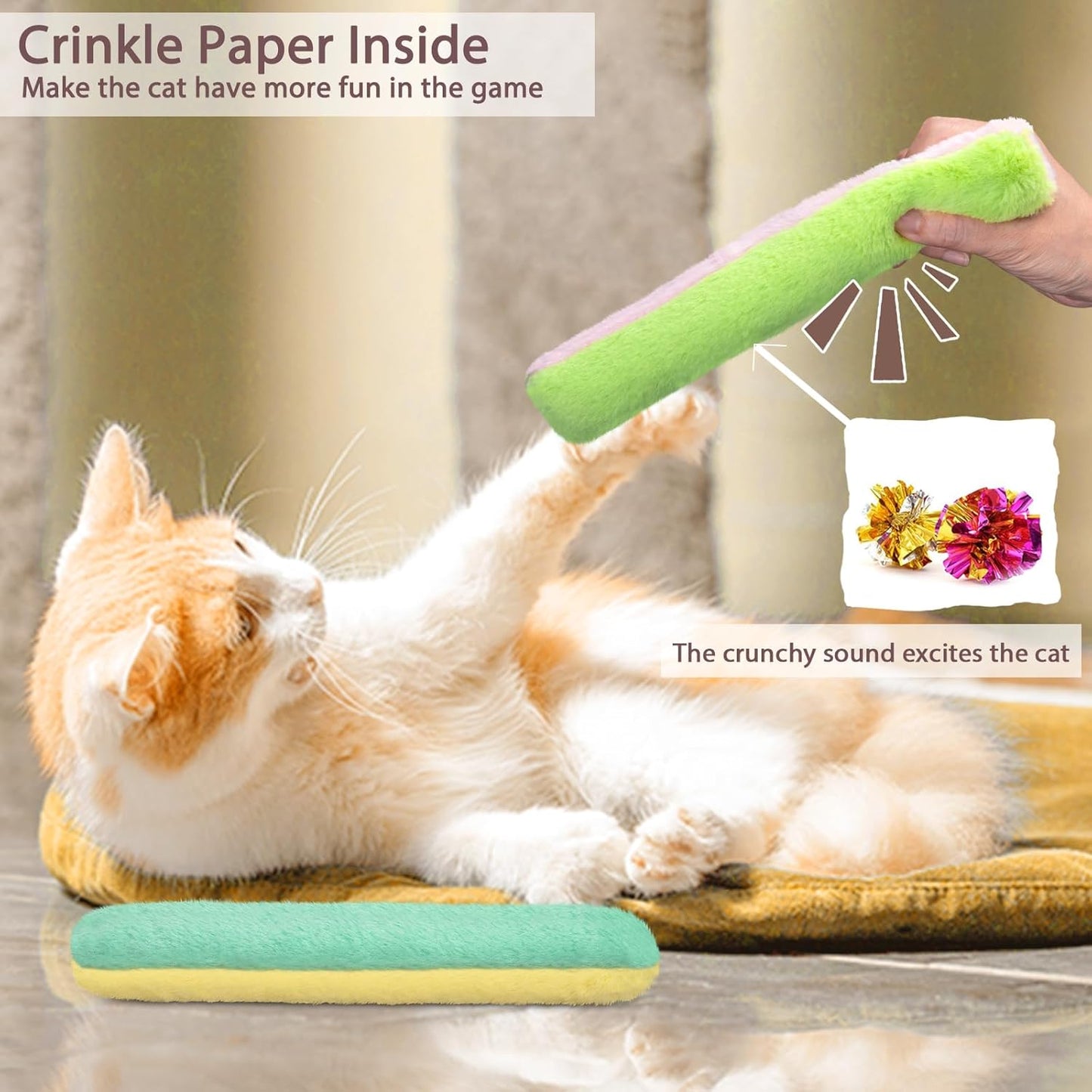 Retro Shaw Cat Toys Kicker Pillows 3Pcs, Refillable Catnip Toys with Crinkle Sound Inside, Interactive Indoor Cat Nip Kitty Kick Sticks for Kitten 10.1 Inches
