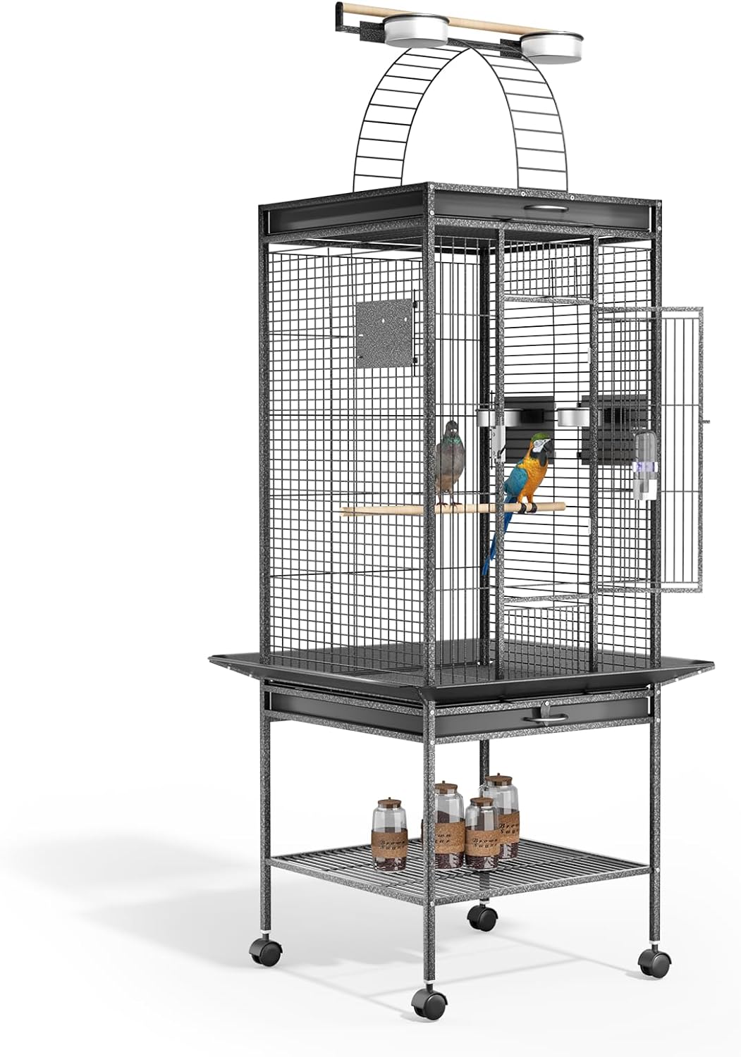 MoNiBloom 61 Inch Large Bird Cage with Rolling Stand, Wrought Steel Flight Birdcage w/Play Top for Parakeets Cockatiels Lovebird Budgie, Black
