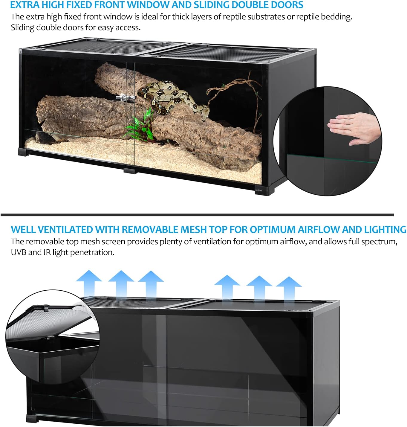 REPTI ZOO 68 Gallon Reptile Terrariums, 48" X 18" X 18" Reptiles Tanks Enclosure for Bearded Dragon Ball Python Snake, Black-Tinted ECO Glass Reptile Habitat with Sliding Door & Top Screen Ventilation