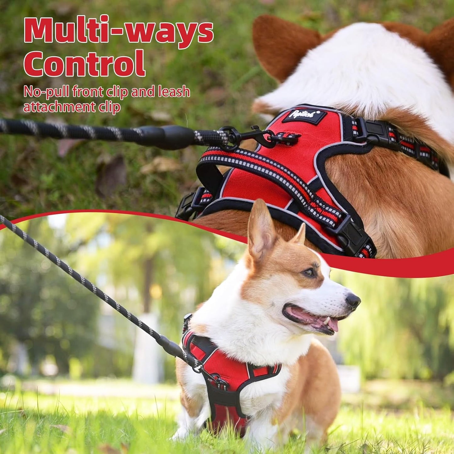 PUPTECK No Pull Dog Harness for Large, Adjustable Reflective Dog Harness with Handle Easy Control, Comfortable Soft Padded Pet Vest Harness for Large Dogs, Red L
