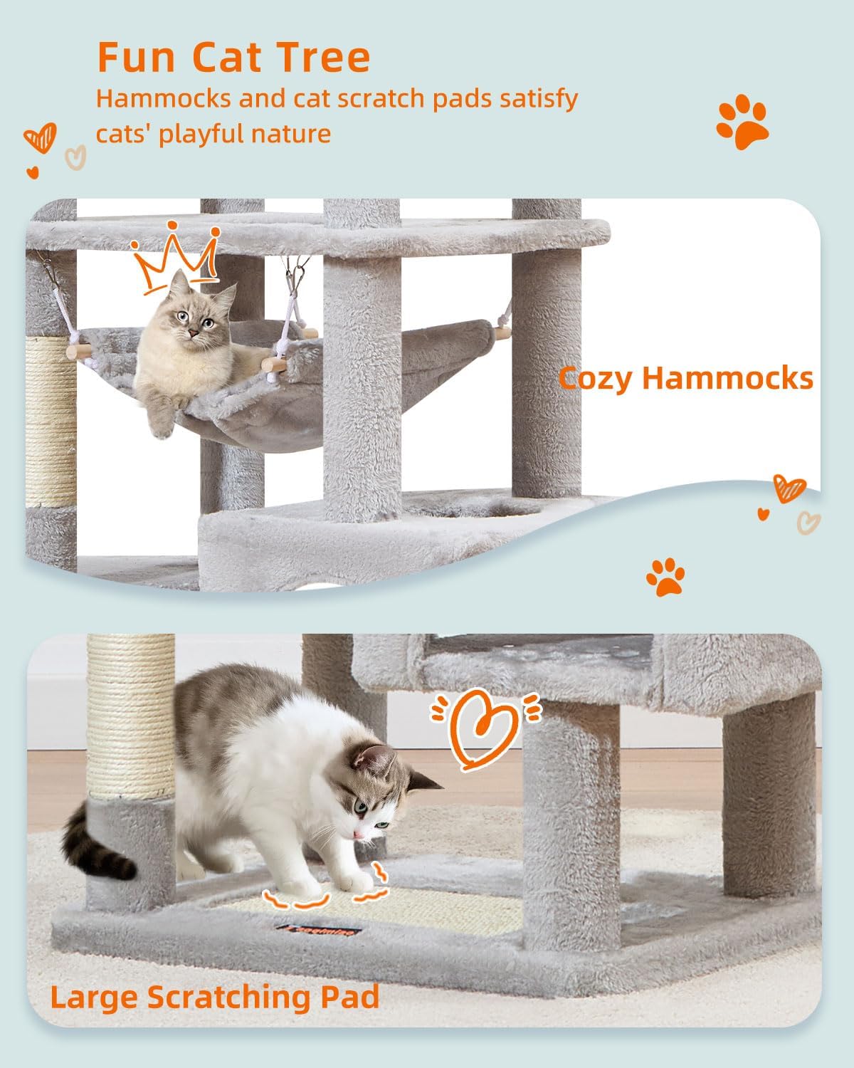 Taoqimiao Cat Tree, 68-Inch Cat Tree Cat Tower for Indoor Cats, Plush Multi-Level Cat Condo with 6 Scratching Posts, 2 Perches, 2 Caves,Hammock, 3 Pompoms,MS020SW Light Gray