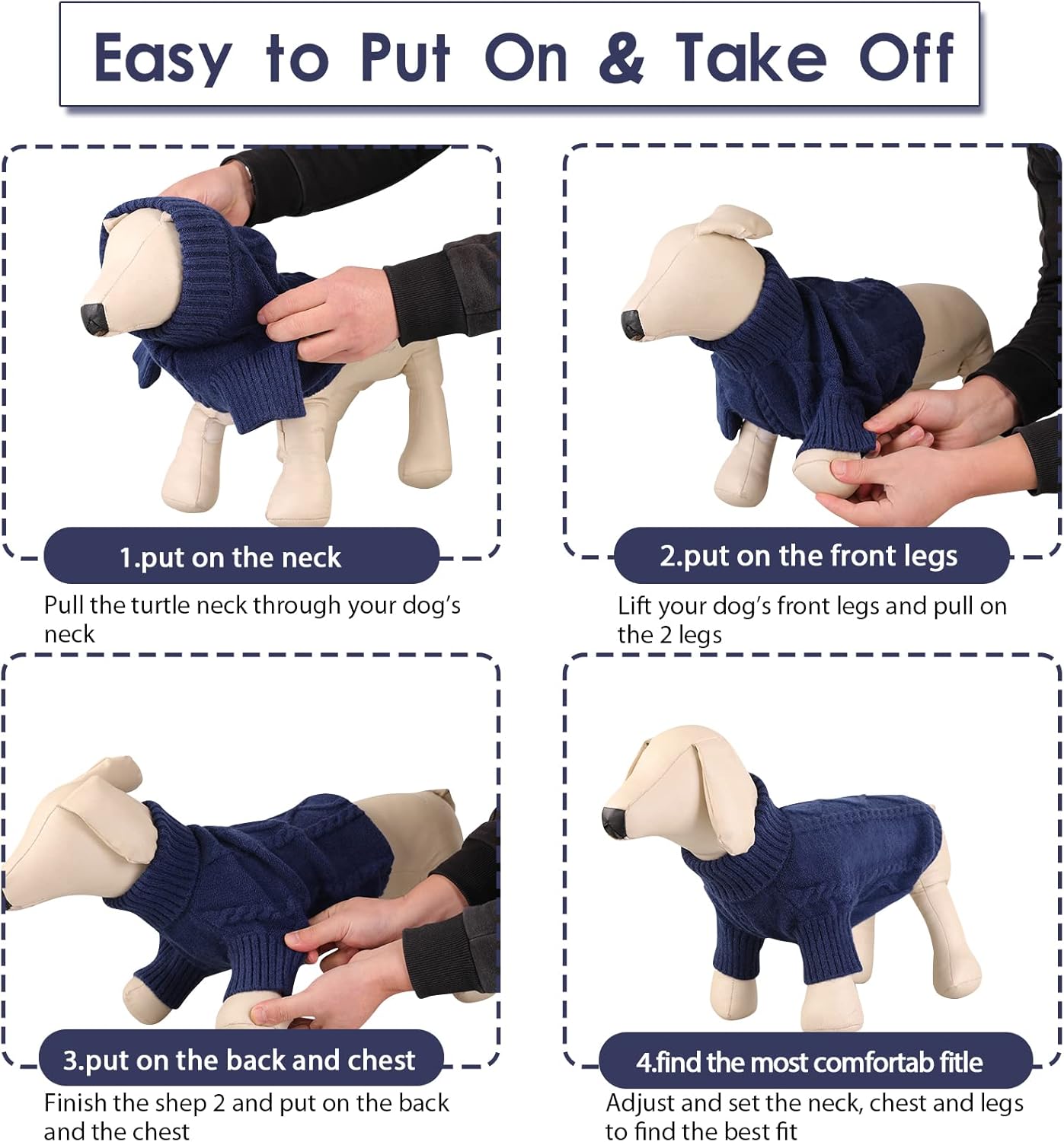 Queenmore Small Dog Pullover Sweater, Cold Weather Cable Knitwear, Classic Turtleneck Thick Warm Clothes for Chihuahua, Bulldog, Dachshund, Pug (Dark Navy, X-Small)