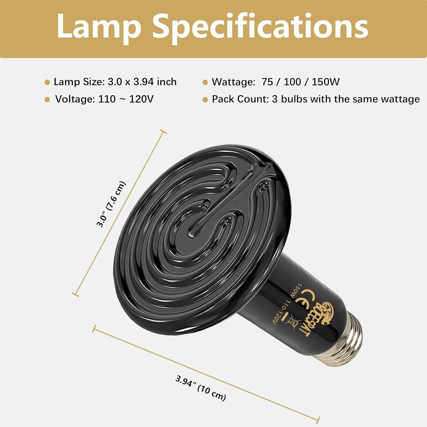 High Efficiency 150W Ceramic Heat Bulbs, Pack of 3 Black Ceramic Heat Emitters for Reptiles Bearded Dragon, Lizards, Geckos & Small Pets Basking