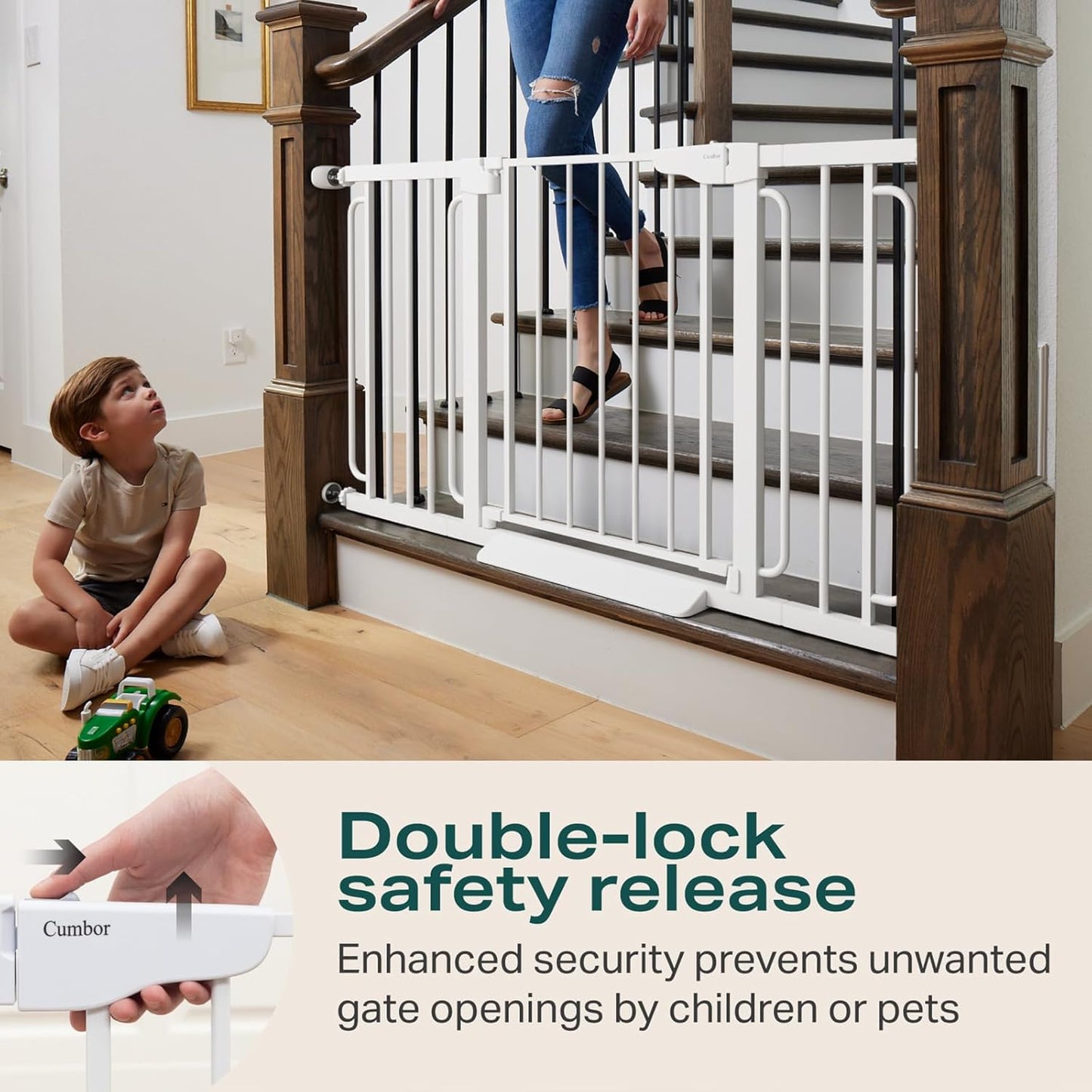 Cumbor 29.7-57" Extra Wide Baby Gate for Stairs, Mom's Choice Awards Winner-Dog Gate for Doorways, Pressure Mounted Walk Through Safety Child Gate for Kids Toddler, Tall Pet Puppy Fence Gate, White