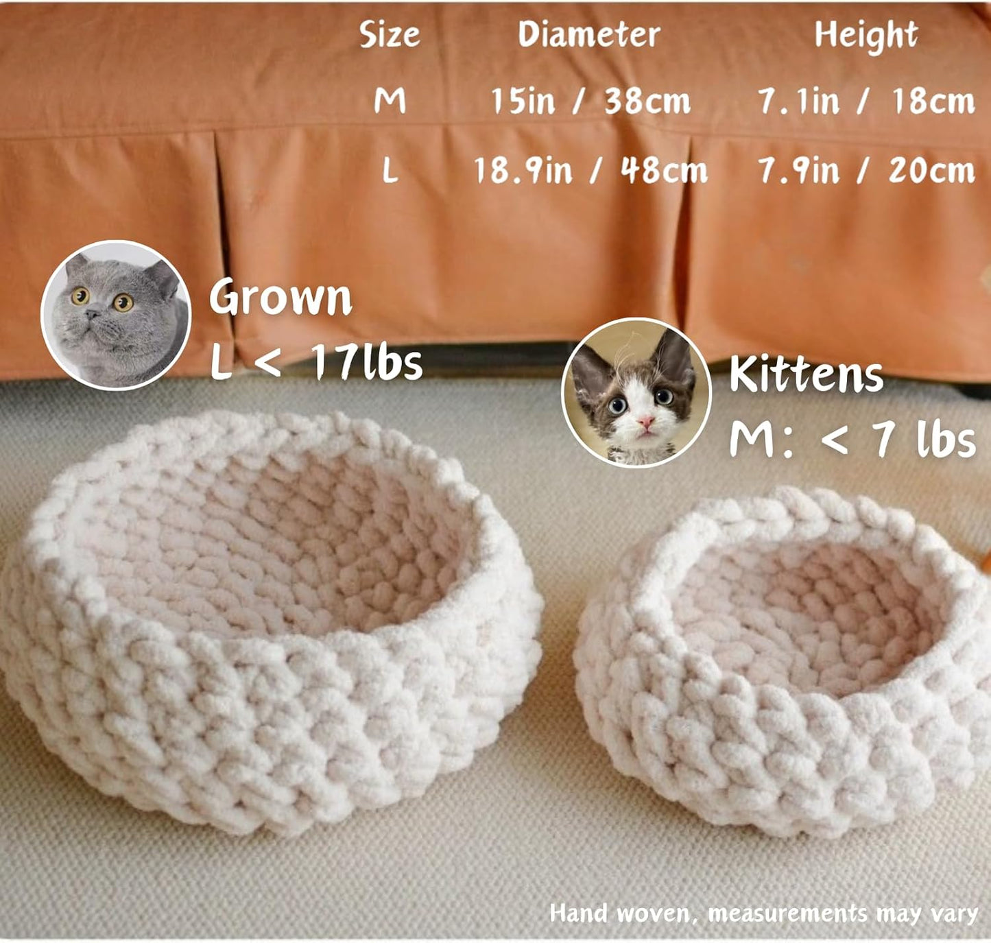 Cat Nest Bed – Premium Handwoven Washable Extra Soft Round Cave House for Indoor Kitten & Kitty, Small & Large (Persimmon Yellow,Medium)