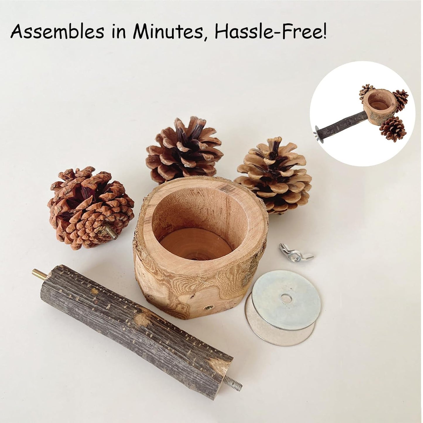 Bird Perch with Safe Bowl Wood & Pinecones - Bird Toys Chew Toys 100% Natural & Durable for Cockatiel, Conure, Budgie, Lovebird, Parakeet - Birdcage Accessory for Foraging & Oral Health